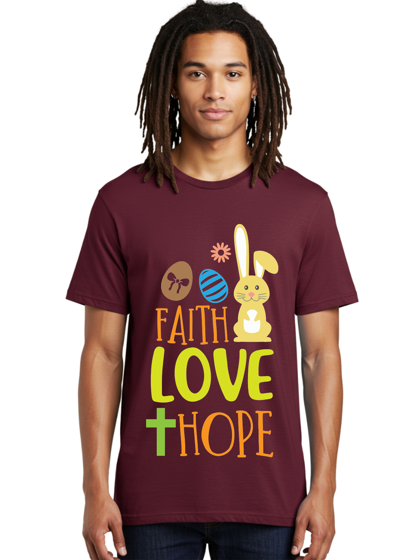 Faith-Love-Hope Men'S Graphic Tee, 100% Cotton, Comfortable Casual Summer Wear, Machine Washable, Easter Bunny, Faith Love Hope, Easter Eggs, Christian Symbolism, Inspirational Quote, Spring Theme, Pastel Colors, Holiday Design Aac703