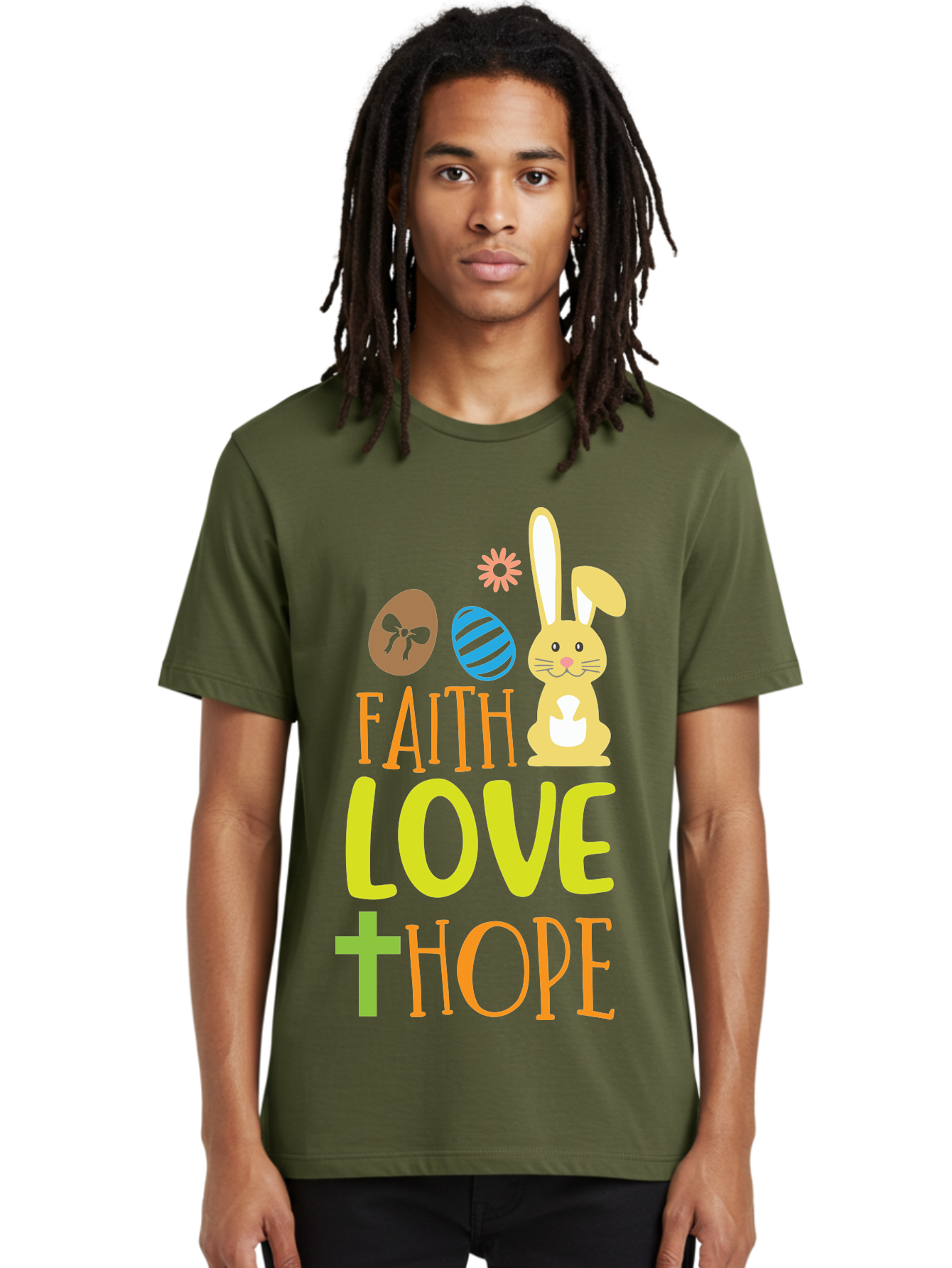 Faith-Love-Hope Men'S Graphic Tee, 100% Cotton, Comfortable Casual Summer Wear, Machine Washable, Easter Bunny, Faith Love Hope, Easter Eggs, Christian Symbolism, Inspirational Quote, Spring Theme, Pastel Colors, Holiday Design Aac703
