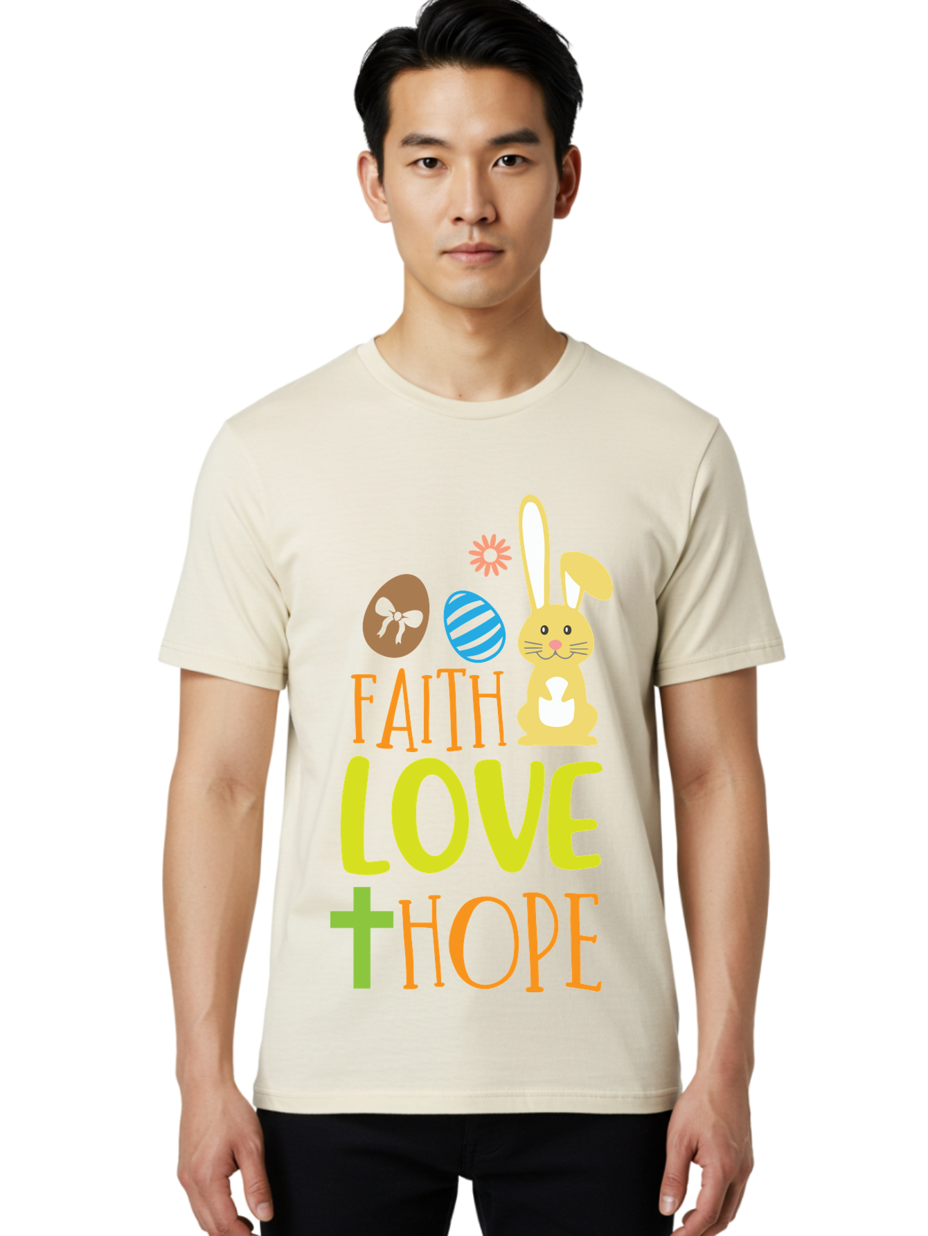 Faith-Love-Hope Men'S Graphic Tee, 100% Cotton, Comfortable Casual Summer Wear, Machine Washable, Easter Bunny, Faith Love Hope, Easter Eggs, Christian Symbolism, Inspirational Quote, Spring Theme, Pastel Colors, Holiday Design Aac703
