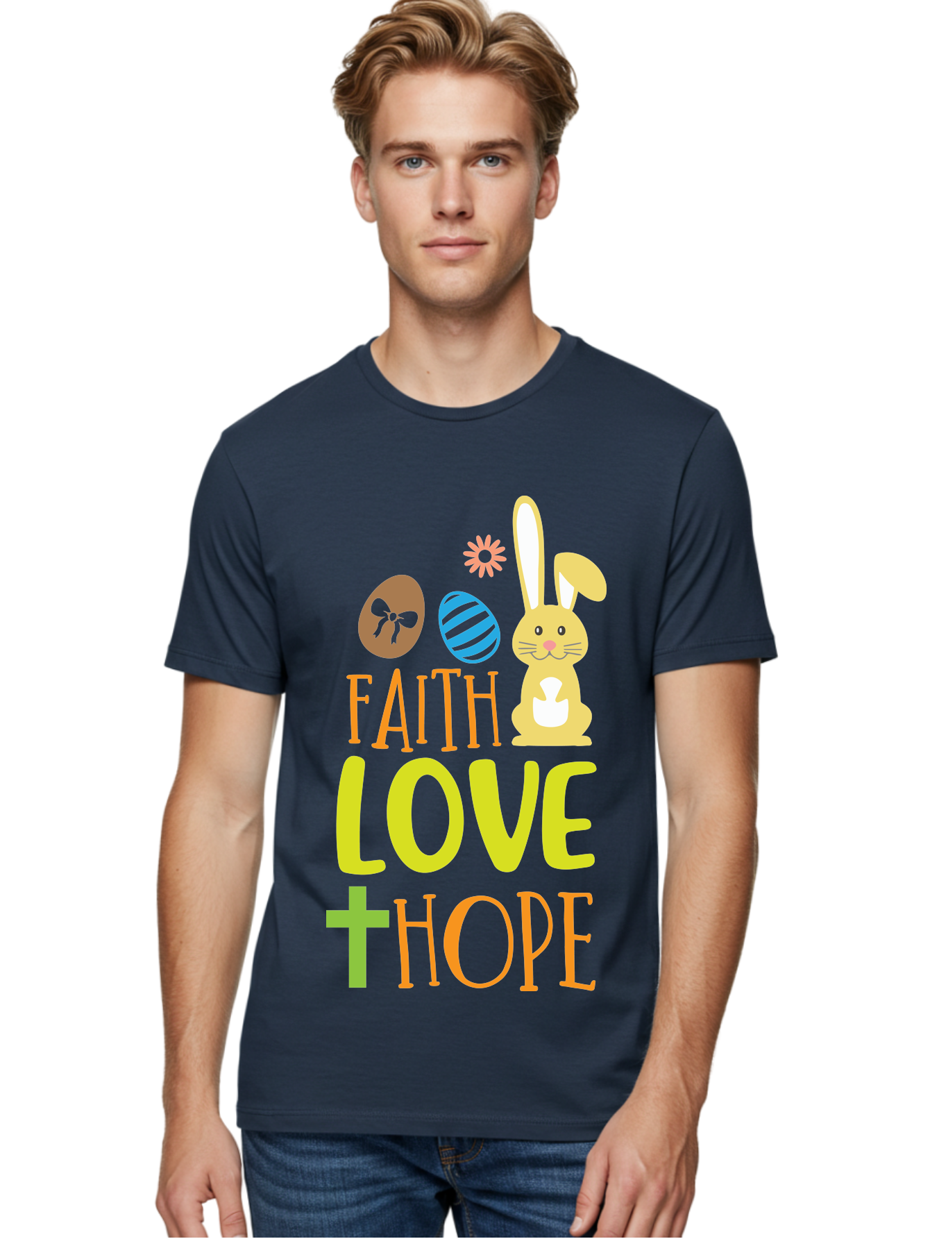 Faith-Love-Hope Men'S Graphic Tee, 100% Cotton, Comfortable Casual Summer Wear, Machine Washable, Easter Bunny, Faith Love Hope, Easter Eggs, Christian Symbolism, Inspirational Quote, Spring Theme, Pastel Colors, Holiday Design Aac703