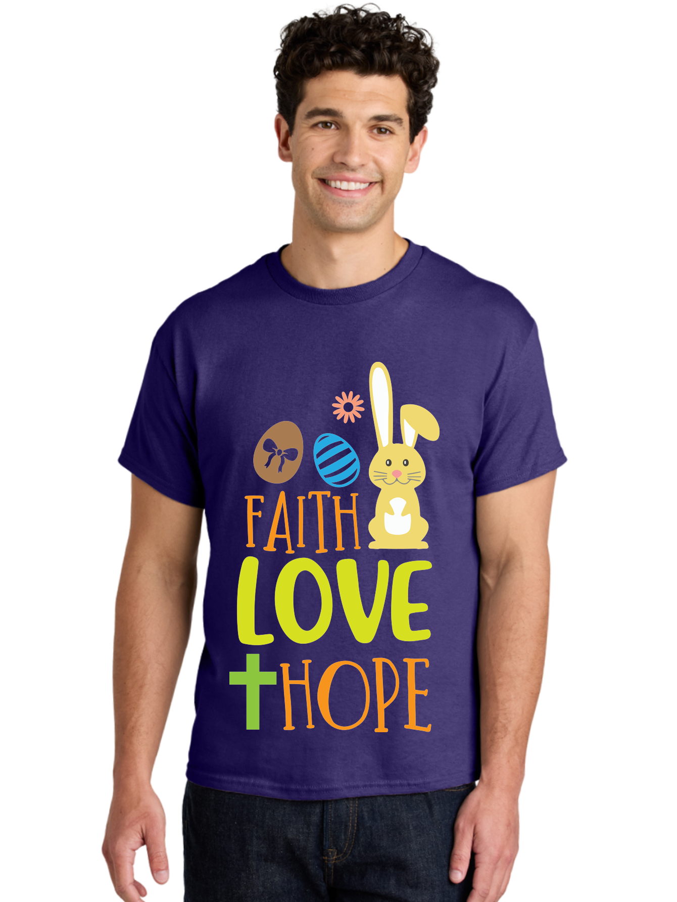 Faith-Love-Hope Men'S Graphic Tee, 100% Cotton, Comfortable Casual Summer Wear, Machine Washable, Easter Bunny, Faith Love Hope, Easter Eggs, Christian Symbolism, Inspirational Quote, Spring Theme, Pastel Colors, Holiday Design Aac703