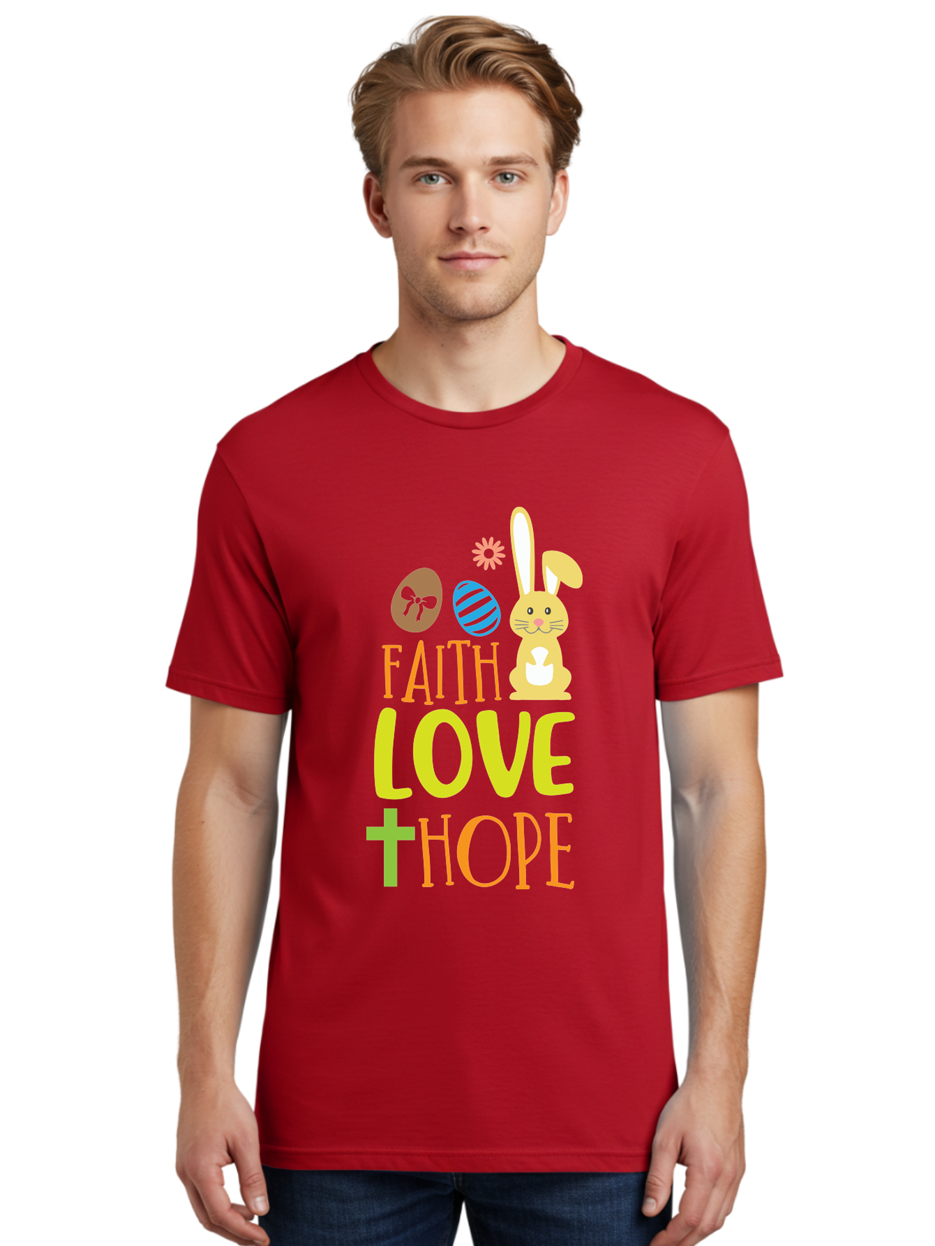 Faith-Love-Hope Men'S Graphic Tee, 100% Cotton, Comfortable Casual Summer Wear, Machine Washable, Easter Bunny, Faith Love Hope, Easter Eggs, Christian Symbolism, Inspirational Quote, Spring Theme, Pastel Colors, Holiday Design Aac703