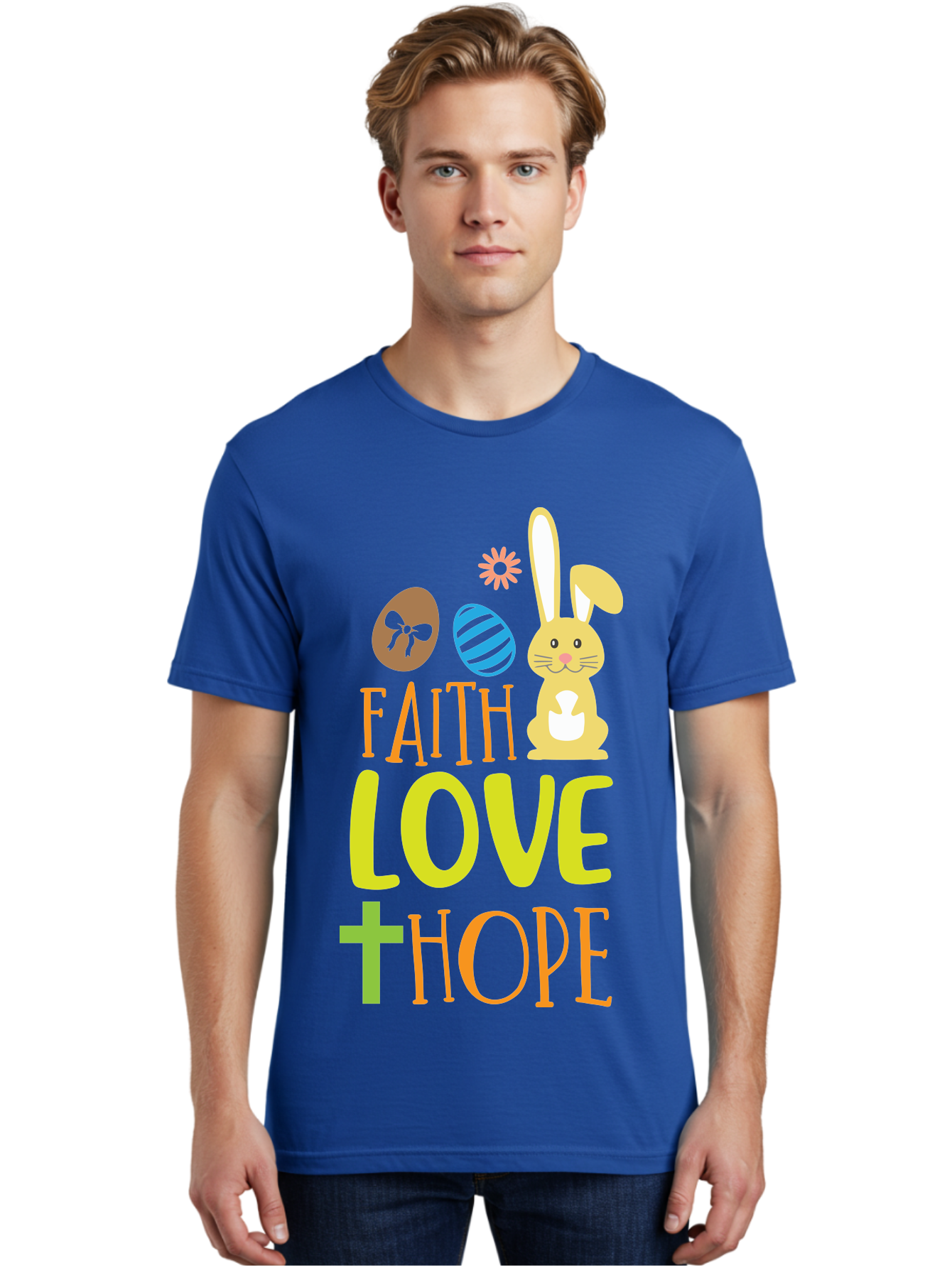 Faith-Love-Hope Men'S Graphic Tee, 100% Cotton, Comfortable Casual Summer Wear, Machine Washable, Easter Bunny, Faith Love Hope, Easter Eggs, Christian Symbolism, Inspirational Quote, Spring Theme, Pastel Colors, Holiday Design Aac703