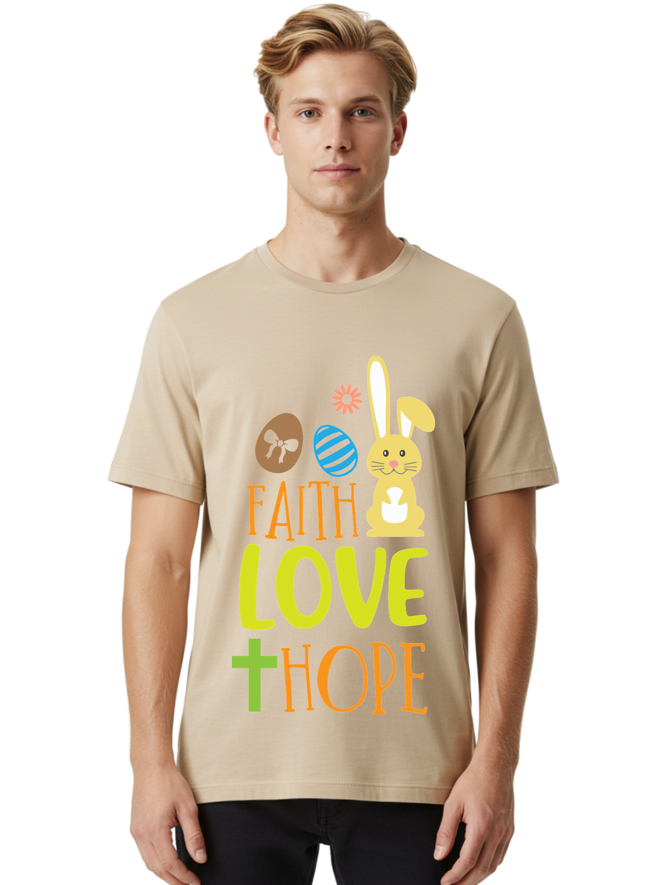 Faith-Love-Hope Men'S Graphic Tee, 100% Cotton, Comfortable Casual Summer Wear, Machine Washable, Easter Bunny, Faith Love Hope, Easter Eggs, Christian Symbolism, Inspirational Quote, Spring Theme, Pastel Colors, Holiday Design Aac703