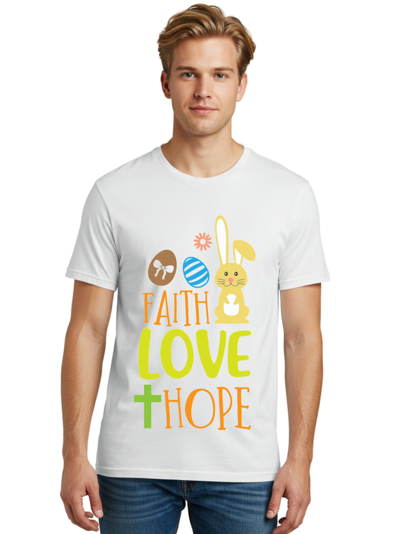 Faith-Love-Hope Men'S Graphic Tee, 100% Cotton, Comfortable Casual Summer Wear, Machine Washable, Easter Bunny, Faith Love Hope, Easter Eggs, Christian Symbolism, Inspirational Quote, Spring Theme, Pastel Colors, Holiday Design Aac703