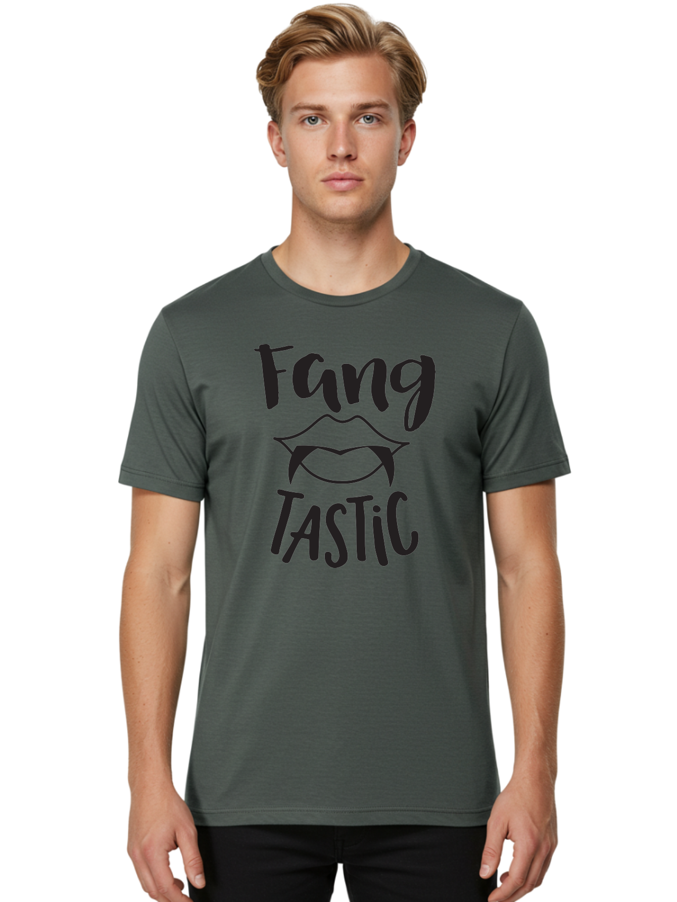Fang-Tastic Men'S Graphic Tee, 100% Cotton, Comfortable Casual Summer Wear, Machine Washable, Vampire Fangs, Dark Humor, Fang Tastic, Gothic Style, Spooky Chic, Vampire-Inspired, Edgy Fashion, Bold Graphics, Playful Typography Aac706
