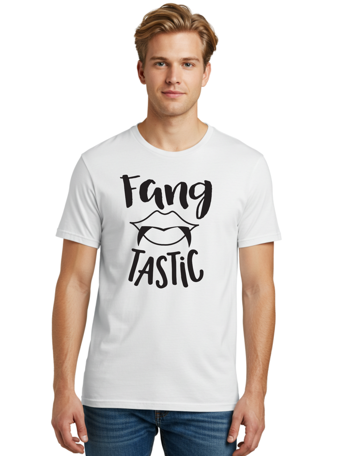 Fang-Tastic Men'S Graphic Tee, 100% Cotton, Comfortable Casual Summer Wear, Machine Washable, Vampire Fangs, Dark Humor, Fang Tastic, Gothic Style, Spooky Chic, Vampire-Inspired, Edgy Fashion, Bold Graphics, Playful Typography Aac706