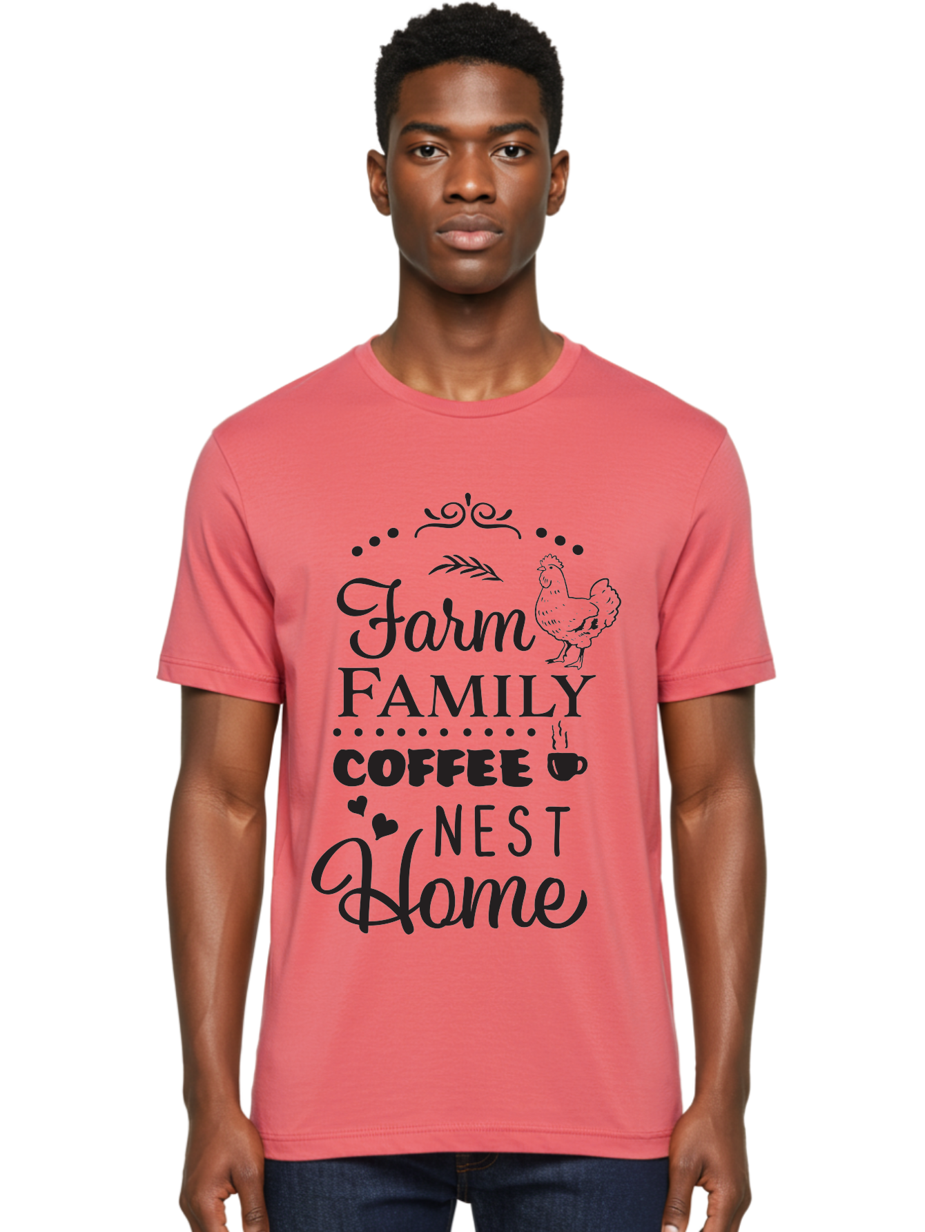 Farm-Family-Coffee-Nest-Home Men'S Graphic Tee, 100% Cotton, Comfortable Casual Summer Wear, Machine Washable, Farmhouse Decor, Family Love, Coffee Lovers, Cozy Home, Chicken Theme, Rustic Charm, Home Sweet Home, Farm Fresh Aac707