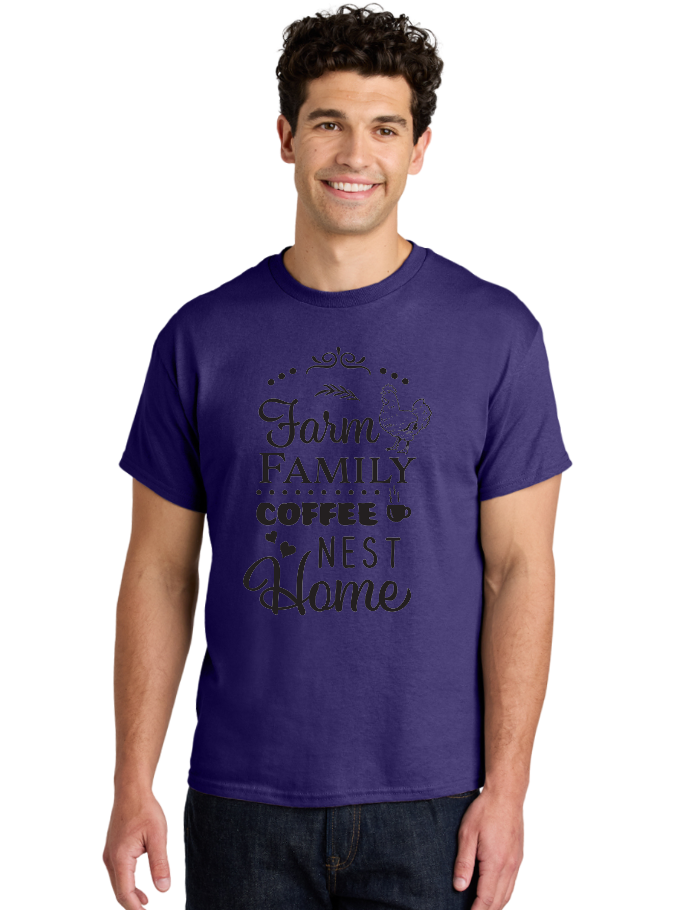 Farm-Family-Coffee-Nest-Home Men'S Graphic Tee, 100% Cotton, Comfortable Casual Summer Wear, Machine Washable, Farmhouse Decor, Family Love, Coffee Lovers, Cozy Home, Chicken Theme, Rustic Charm, Home Sweet Home, Farm Fresh Aac707