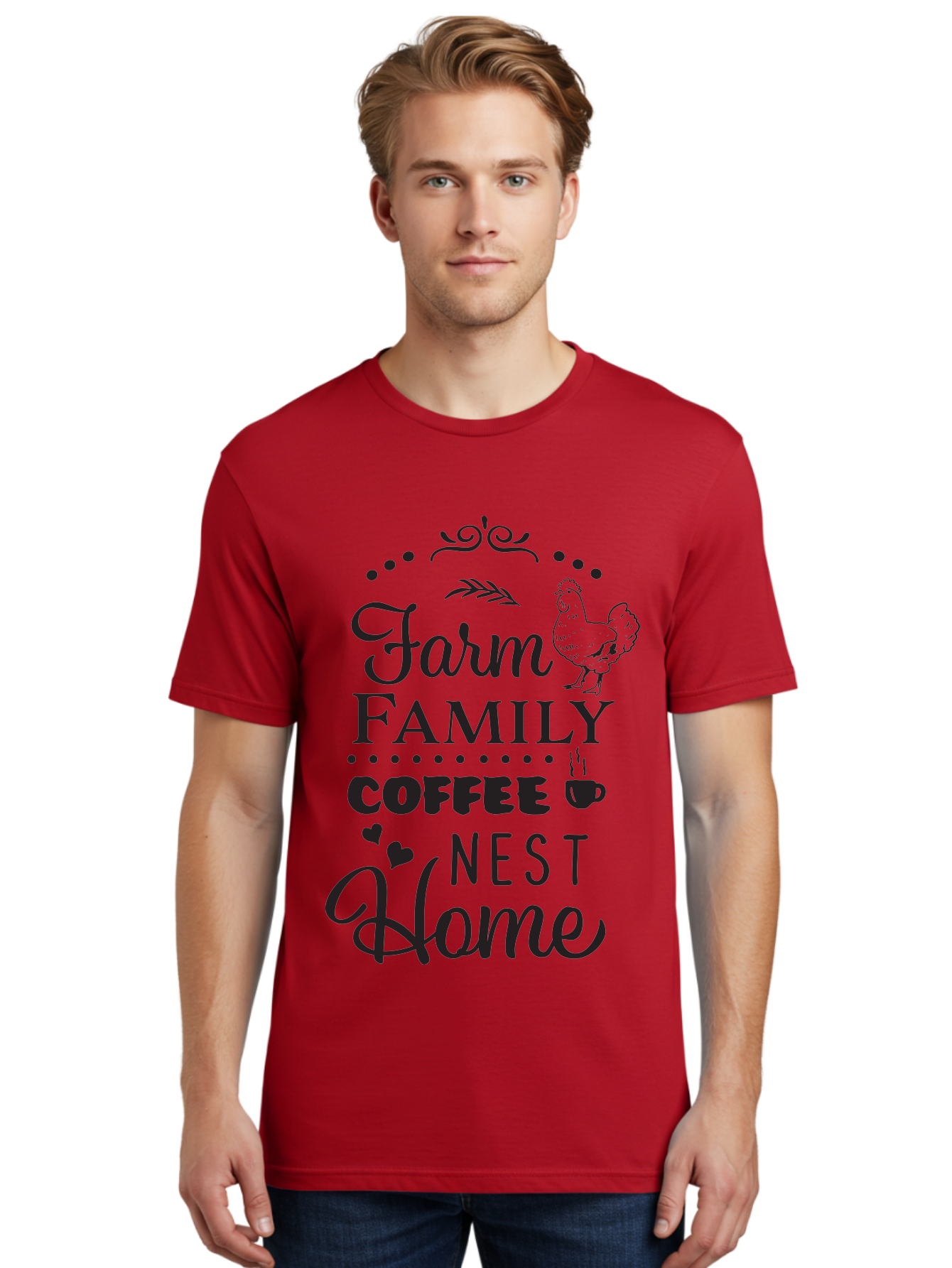 Farm-Family-Coffee-Nest-Home Men'S Graphic Tee, 100% Cotton, Comfortable Casual Summer Wear, Machine Washable, Farmhouse Decor, Family Love, Coffee Lovers, Cozy Home, Chicken Theme, Rustic Charm, Home Sweet Home, Farm Fresh Aac707