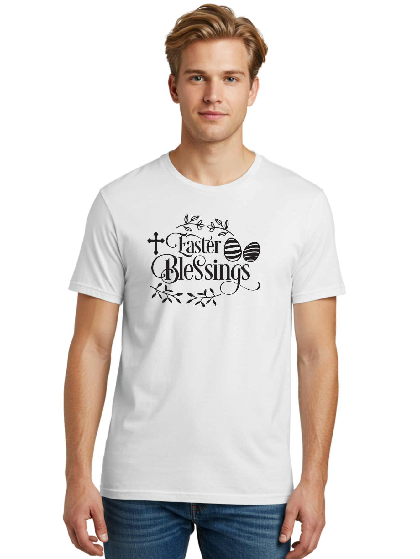 Faster-Blessings Men'S Graphic Tee, 100% Cotton, Comfortable Casual Summer Wear, Machine Washable, Easter Eggs, Easter Blessings, Christian Easter, Decorated Eggs, Spiritual Easter Wishes, Faith-Based Easter Greetings, Easter Cross, Aac709