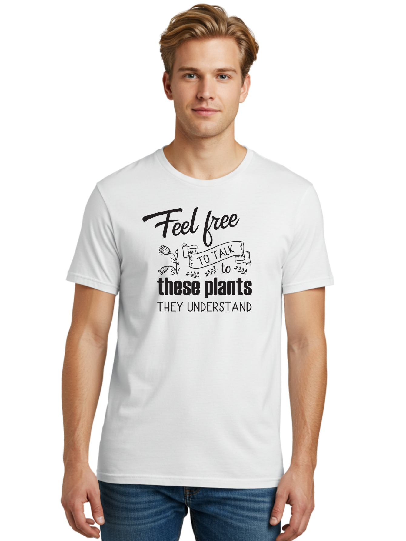 Feel-Free-To-Talk-To-These-Plants Men'S Graphic Tee, 100% Cotton, Comfortable Casual Summer Wear, Machine Washable, Feel Free To Talk To Plants, Plant Love, Plant Care, Gardening Tips, Plant Quotes, Nature Lovers, Green Thumb, Houseplants, Aac713