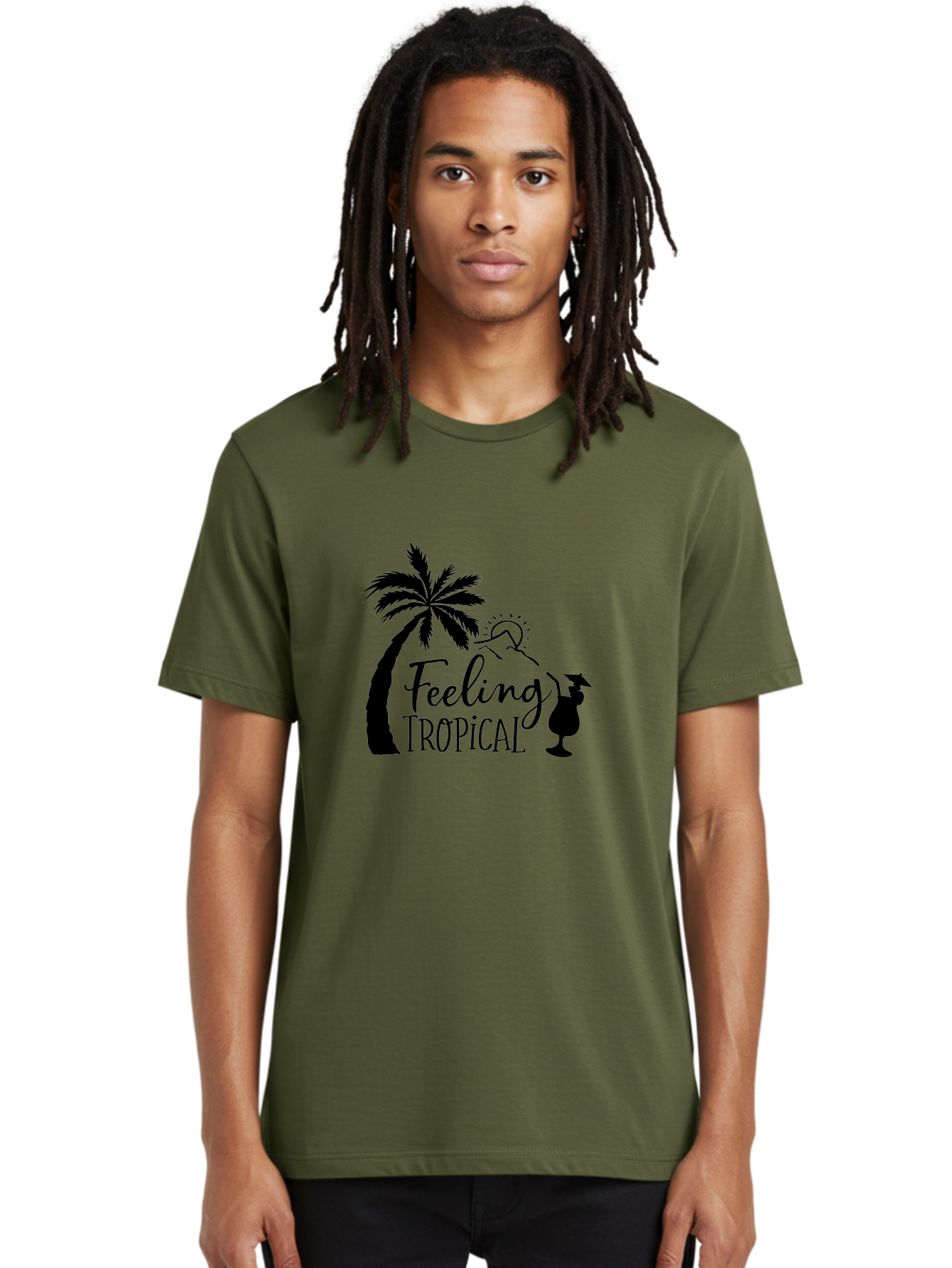 Feeling-Tropical Men'S Graphic Tee, 100% Cotton, Comfortable Casual Summer Wear, Machine Washable, Tropical Getaway, Palm Tree, Cocktail, Summer Vibes, Vacation Mode, Sun, Fun, Relaxation, Beach Life, Tropical Drinks Aac714
