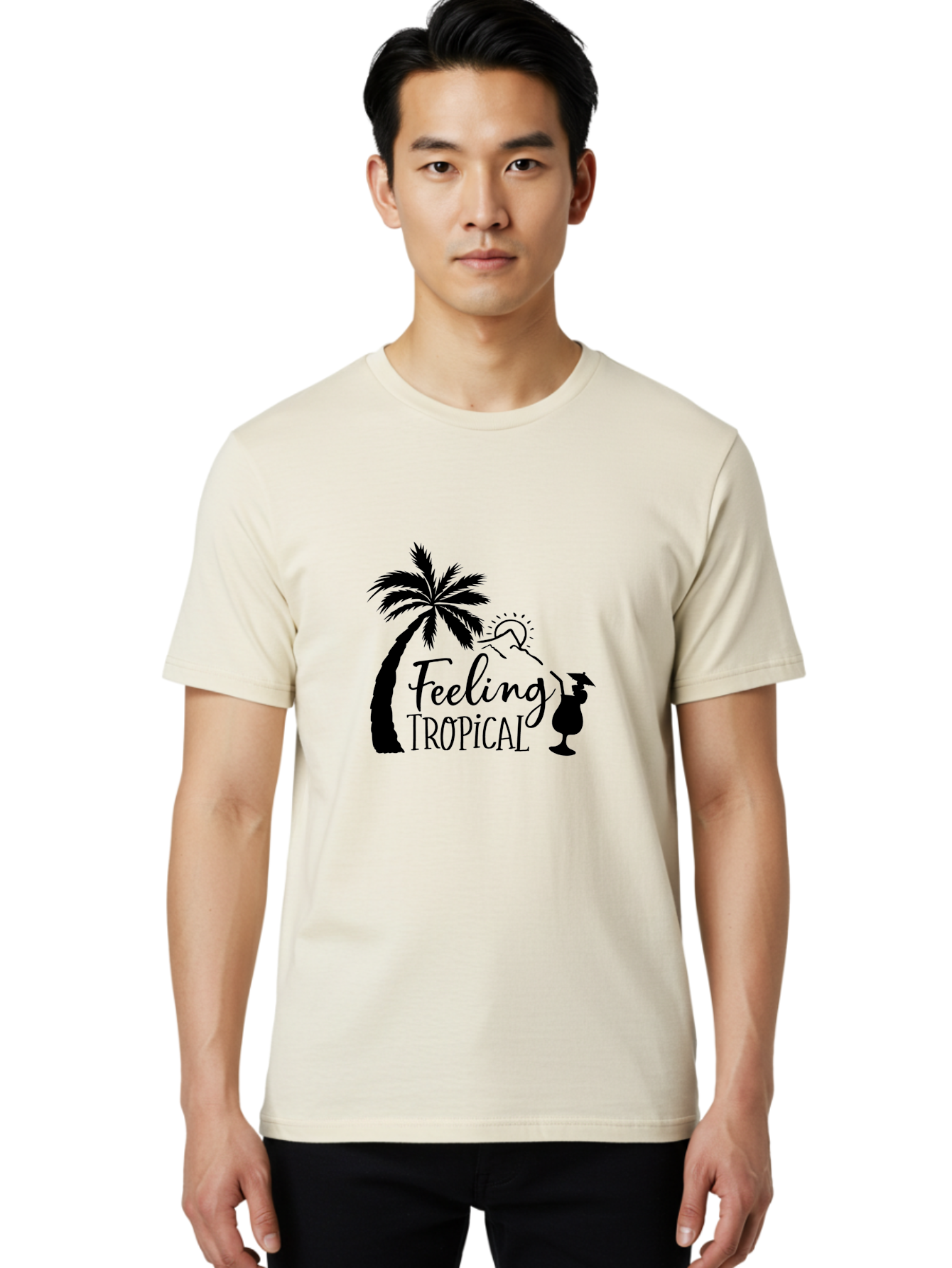 Feeling-Tropical Men'S Graphic Tee, 100% Cotton, Comfortable Casual Summer Wear, Machine Washable, Tropical Getaway, Palm Tree, Cocktail, Summer Vibes, Vacation Mode, Sun, Fun, Relaxation, Beach Life, Tropical Drinks Aac714