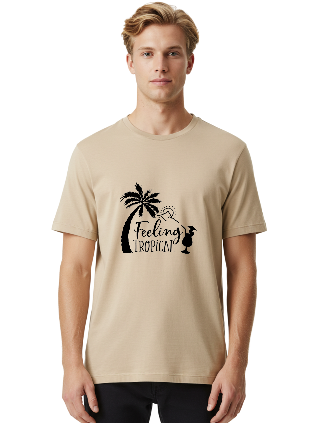 Feeling-Tropical Men'S Graphic Tee, 100% Cotton, Comfortable Casual Summer Wear, Machine Washable, Tropical Getaway, Palm Tree, Cocktail, Summer Vibes, Vacation Mode, Sun, Fun, Relaxation, Beach Life, Tropical Drinks Aac714