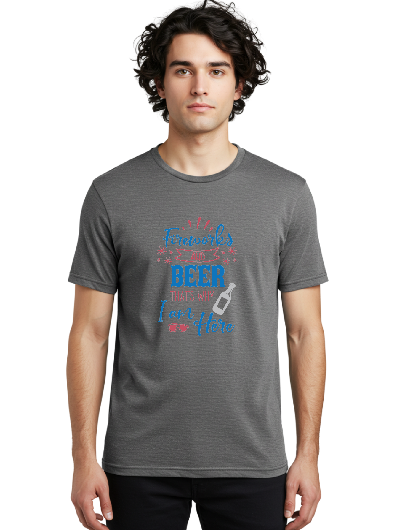 Fireworks-And-Beer Men'S Graphic Tee, 100% Cotton, Comfortable Casual Summer Wear, Machine Washable, Beer And Fireworks, Festive Party Vibes, Drinking With Friends, Celebration Mode, 4Th Of July, Summer Fun, Party Atmosphere, Beer Lover Aac716