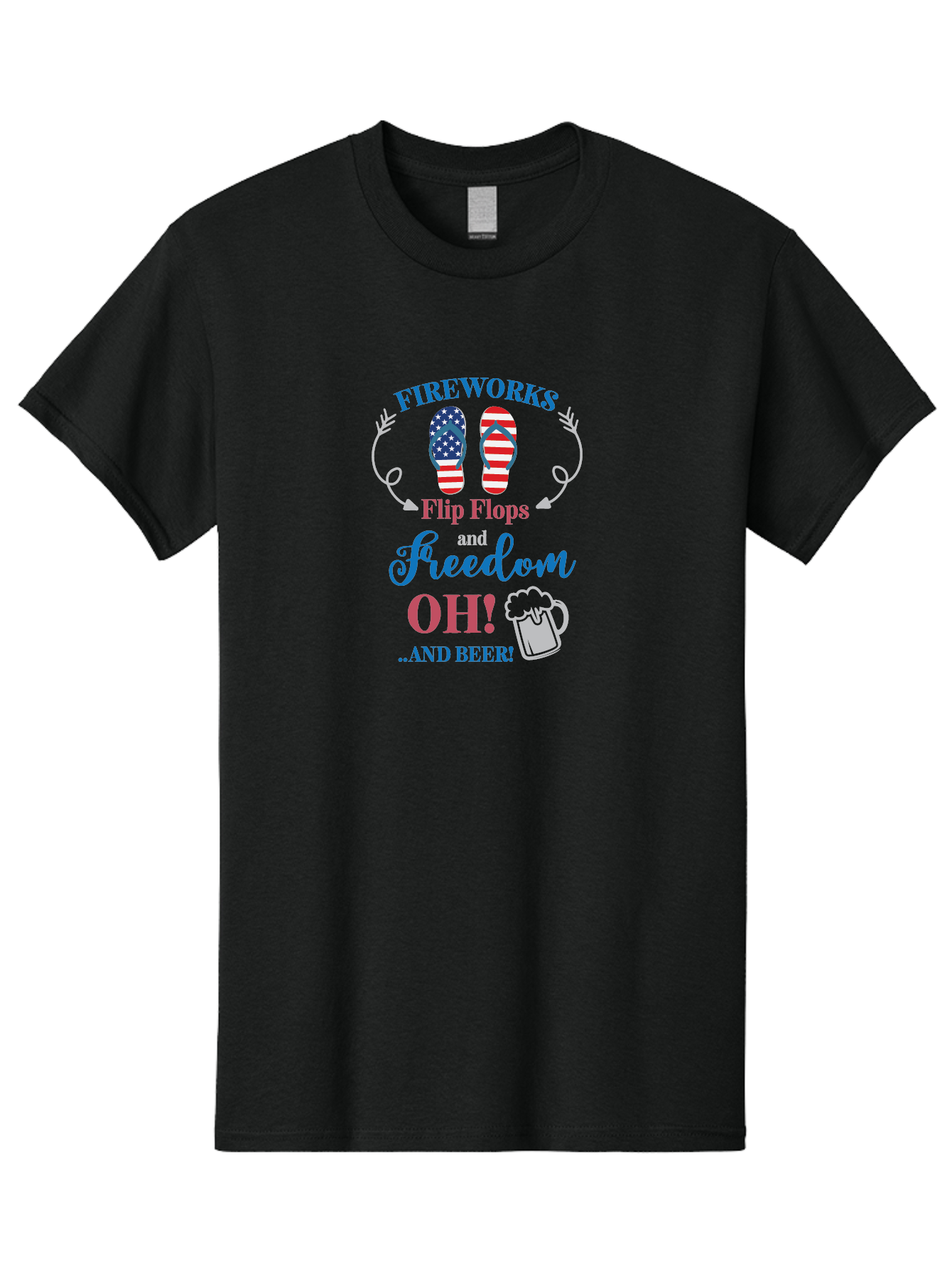 Fireworks-Flip-Flops-And-Freedom-Oh-And-Beer Men'S Graphic Tee, 100% Cotton, Comfortable Casual Summer Wear, Machine Washable, 4Th Of July Celebration, American Flag Flip Flops, Fireworks Display, Freedom Theme, Beer Mug, Aac717