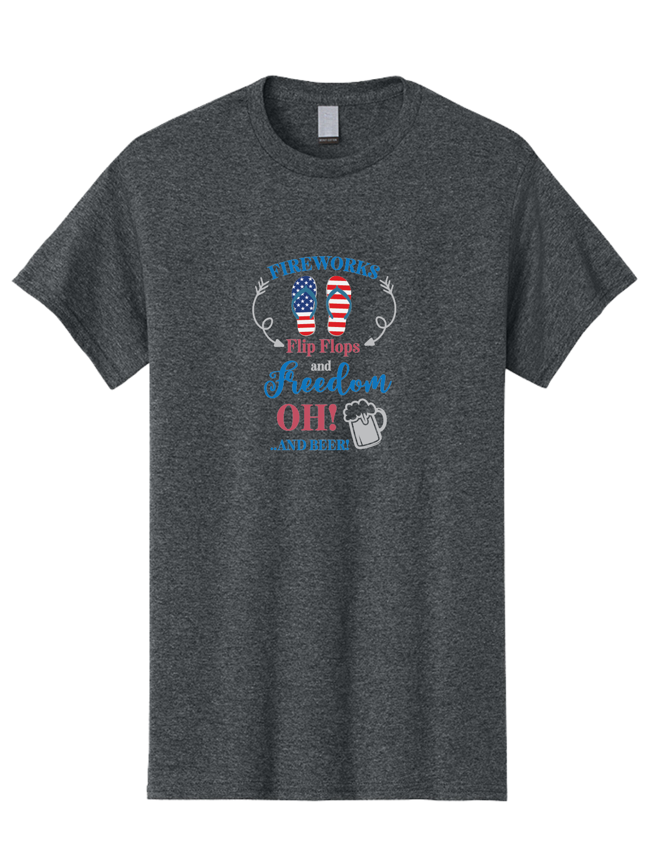 Fireworks-Flip-Flops-And-Freedom-Oh-And-Beer Men'S Graphic Tee, 100% Cotton, Comfortable Casual Summer Wear, Machine Washable, 4Th Of July Celebration, American Flag Flip Flops, Fireworks Display, Freedom Theme, Beer Mug, Aac717