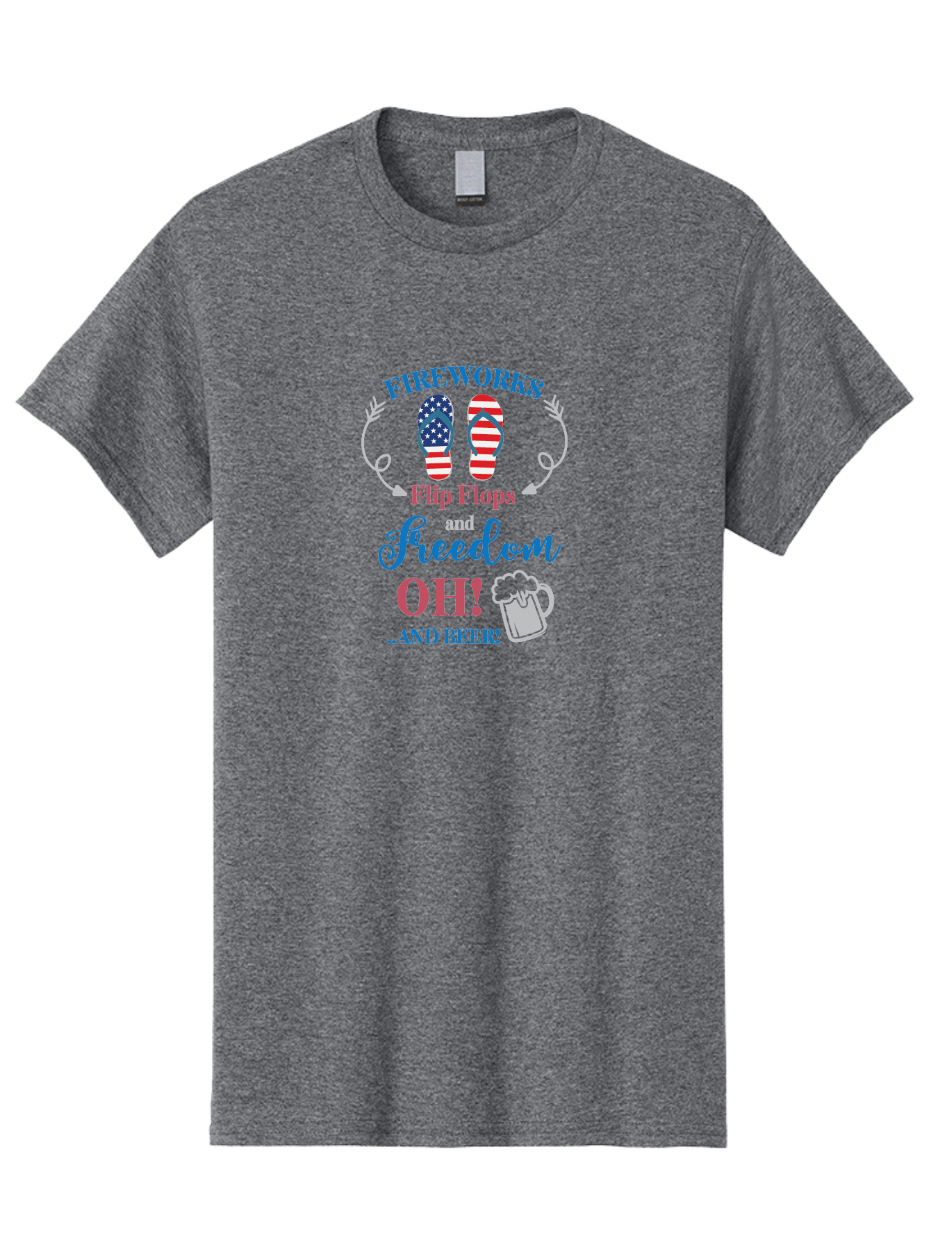 Fireworks-Flip-Flops-And-Freedom-Oh-And-Beer Men'S Graphic Tee, 100% Cotton, Comfortable Casual Summer Wear, Machine Washable, 4Th Of July Celebration, American Flag Flip Flops, Fireworks Display, Freedom Theme, Beer Mug, Aac717