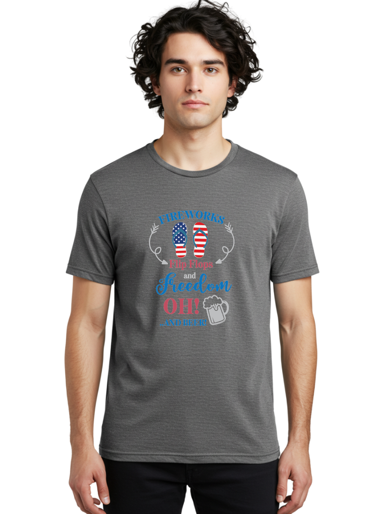 Fireworks-Flip-Flops-And-Freedom-Oh-And-Beer Men'S Graphic Tee, 100% Cotton, Comfortable Casual Summer Wear, Machine Washable, 4Th Of July Celebration, American Flag Flip Flops, Fireworks Display, Freedom Theme, Beer Mug, Aac717
