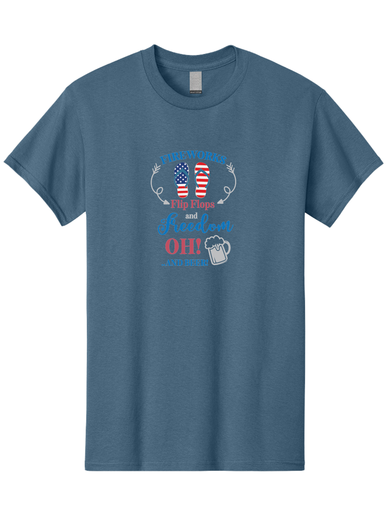Fireworks-Flip-Flops-And-Freedom-Oh-And-Beer Men'S Graphic Tee, 100% Cotton, Comfortable Casual Summer Wear, Machine Washable, 4Th Of July Celebration, American Flag Flip Flops, Fireworks Display, Freedom Theme, Beer Mug, Aac717