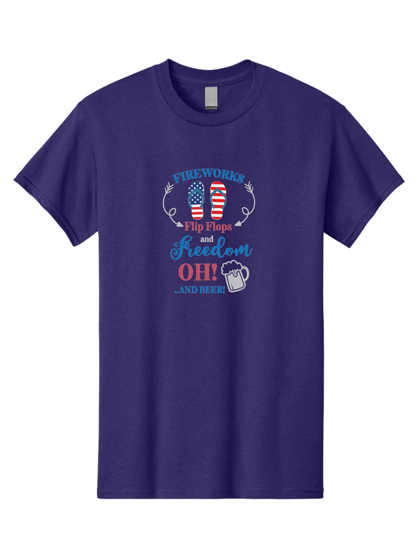 Fireworks-Flip-Flops-And-Freedom-Oh-And-Beer Men'S Graphic Tee, 100% Cotton, Comfortable Casual Summer Wear, Machine Washable, 4Th Of July Celebration, American Flag Flip Flops, Fireworks Display, Freedom Theme, Beer Mug, Aac717