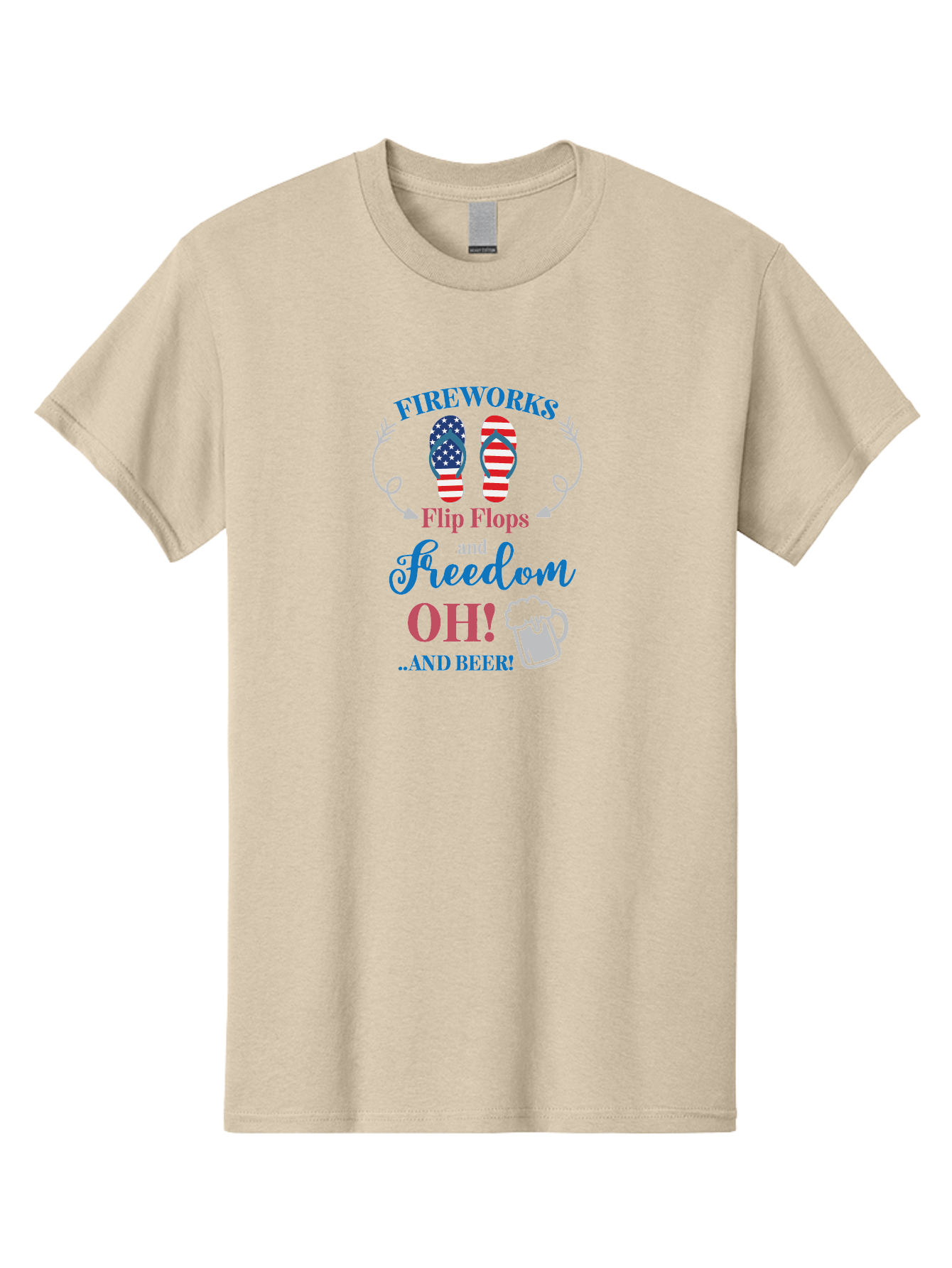 Fireworks-Flip-Flops-And-Freedom-Oh-And-Beer Men'S Graphic Tee, 100% Cotton, Comfortable Casual Summer Wear, Machine Washable, 4Th Of July Celebration, American Flag Flip Flops, Fireworks Display, Freedom Theme, Beer Mug, Aac717