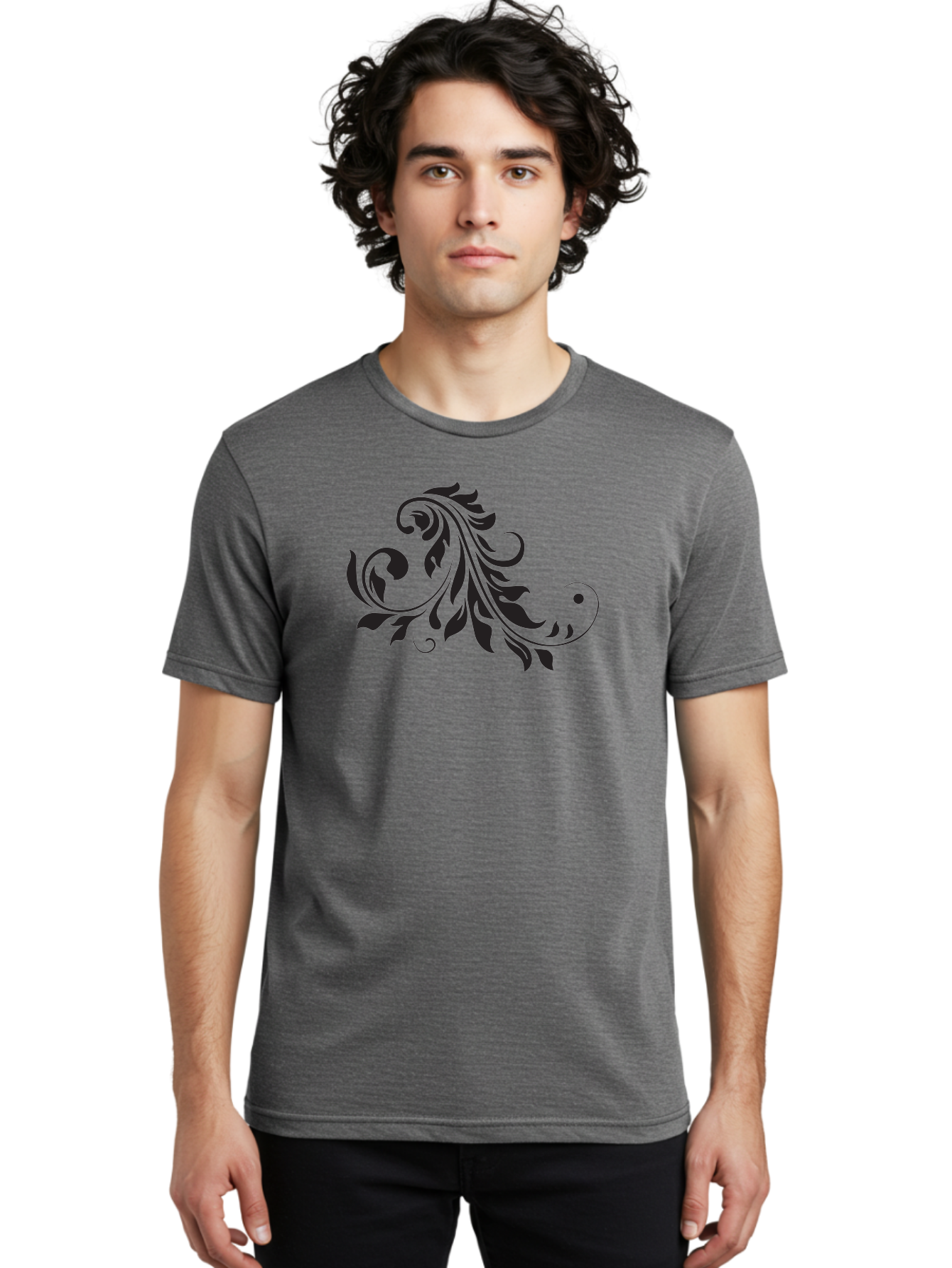 Floral-Design-1 Men'S Graphic Tee, 100% Cotton, Comfortable Casual Summer Wear, Machine Washable, Floral Design, Leafy Pattern, Curved Shapes, Decorative Art, Swirling Leaves, Elegant Design, Intricate Pattern, Black Silhouette Aac721