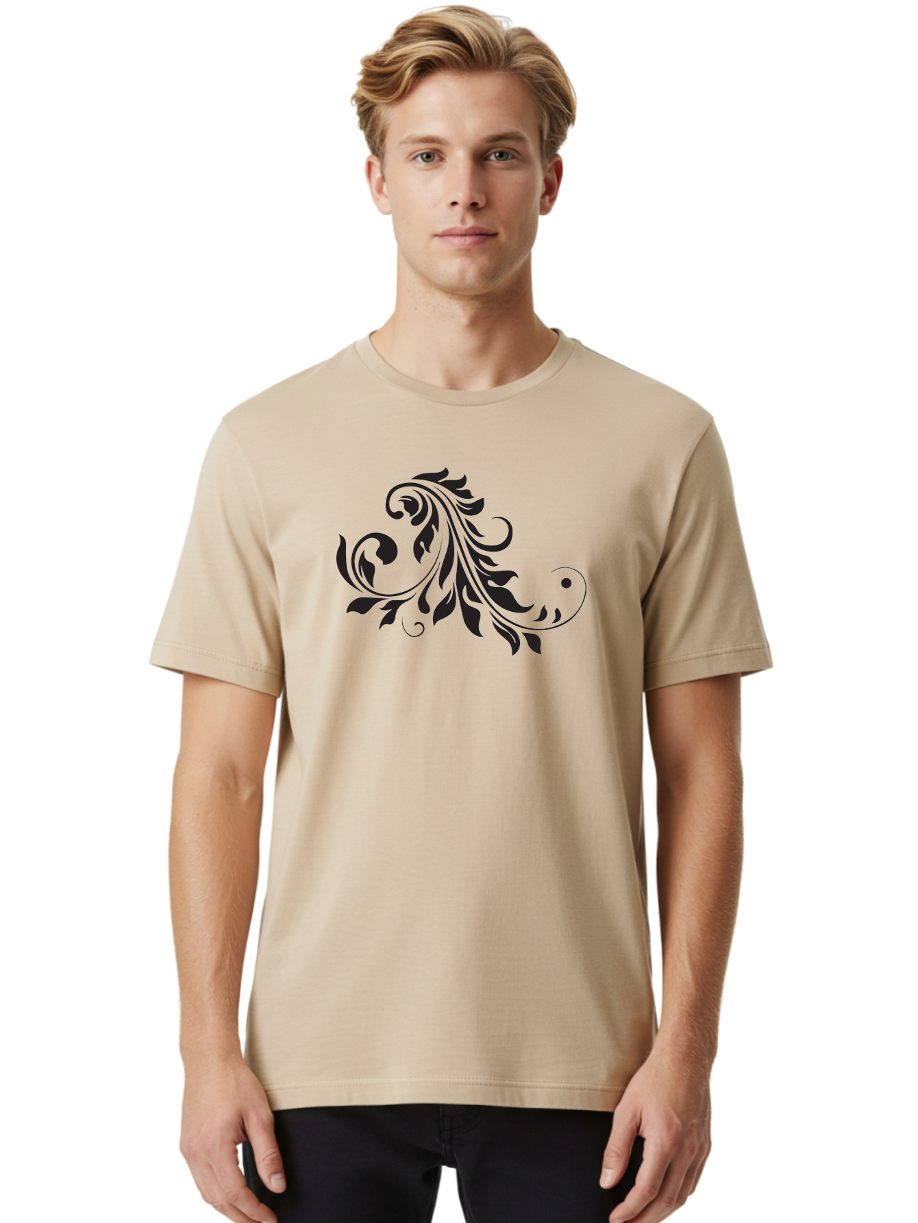 Floral-Design-1 Men'S Graphic Tee, 100% Cotton, Comfortable Casual Summer Wear, Machine Washable, Floral Design, Leafy Pattern, Curved Shapes, Decorative Art, Swirling Leaves, Elegant Design, Intricate Pattern, Black Silhouette Aac721