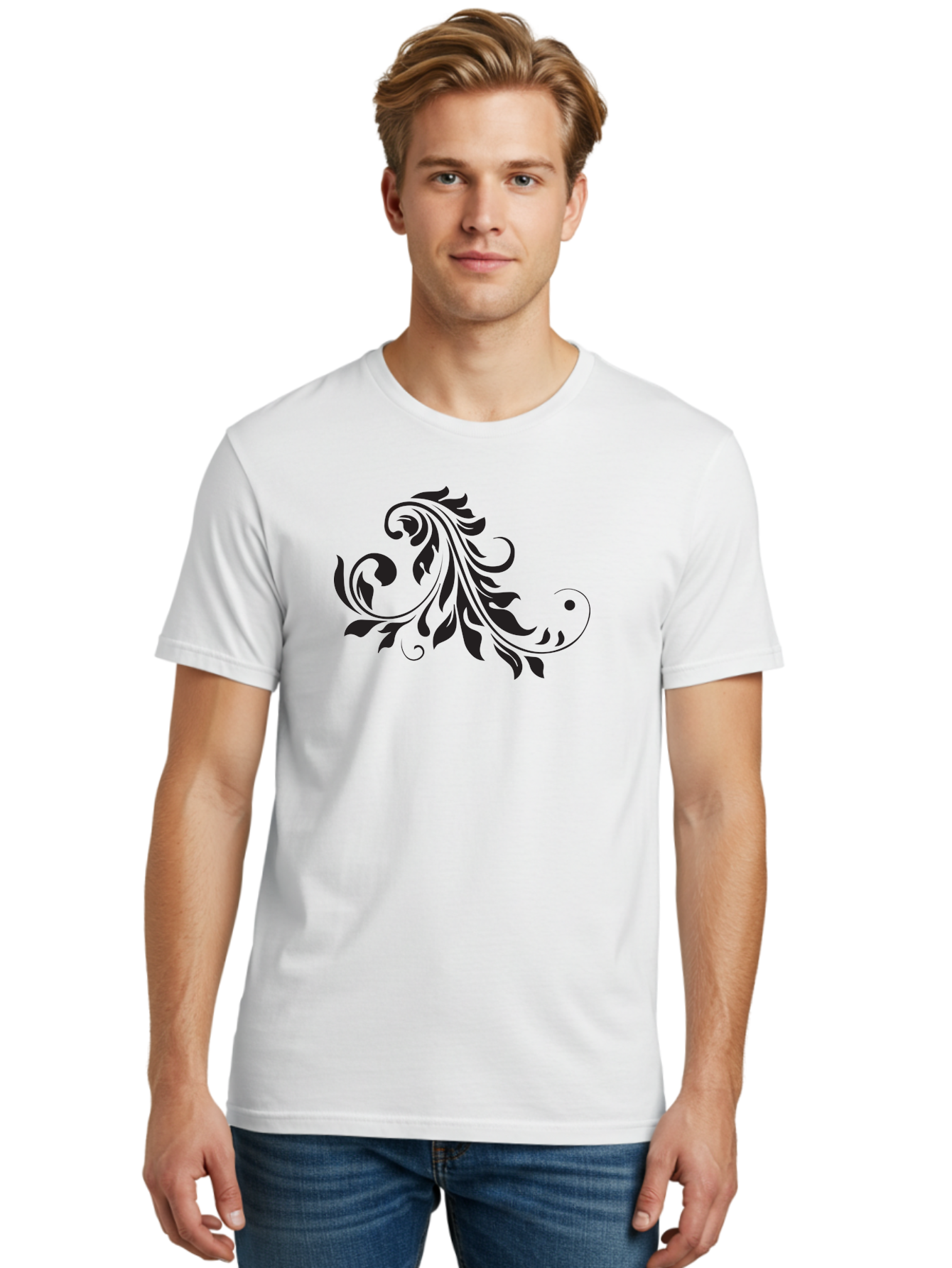 Floral-Design-1 Men'S Graphic Tee, 100% Cotton, Comfortable Casual Summer Wear, Machine Washable, Floral Design, Leafy Pattern, Curved Shapes, Decorative Art, Swirling Leaves, Elegant Design, Intricate Pattern, Black Silhouette Aac721