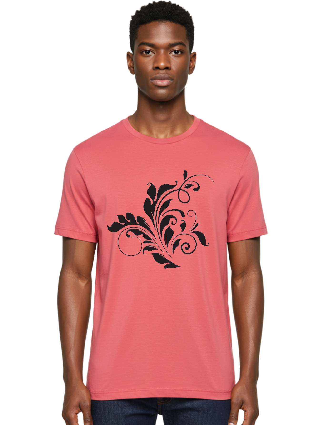 Floral-Design-2 Men'S Graphic Tee, 100% Cotton, Comfortable Casual Summer Wear, Machine Washable, Floral Ornament, Black Silhouettes, Elegant Design, Curved Lines, Abstract Art, Leafy Motif, Decorative Element, Luxury Feel, Intricate Details Aac722