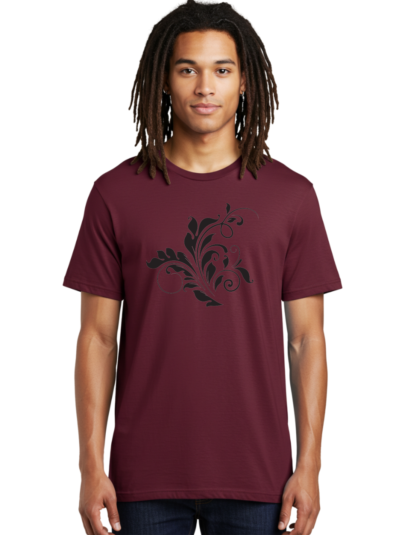 Floral-Design-2 Men'S Graphic Tee, 100% Cotton, Comfortable Casual Summer Wear, Machine Washable, Floral Ornament, Black Silhouettes, Elegant Design, Curved Lines, Abstract Art, Leafy Motif, Decorative Element, Luxury Feel, Intricate Details Aac722