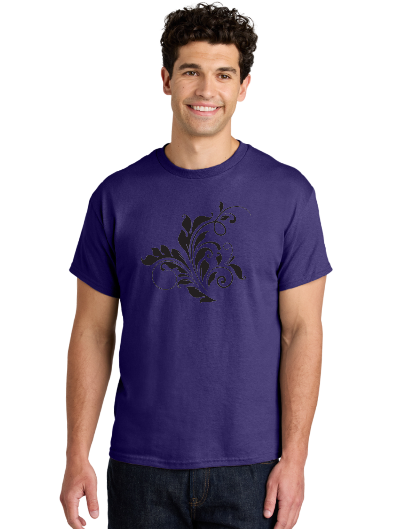 Floral-Design-2 Men'S Graphic Tee, 100% Cotton, Comfortable Casual Summer Wear, Machine Washable, Floral Ornament, Black Silhouettes, Elegant Design, Curved Lines, Abstract Art, Leafy Motif, Decorative Element, Luxury Feel, Intricate Details Aac722