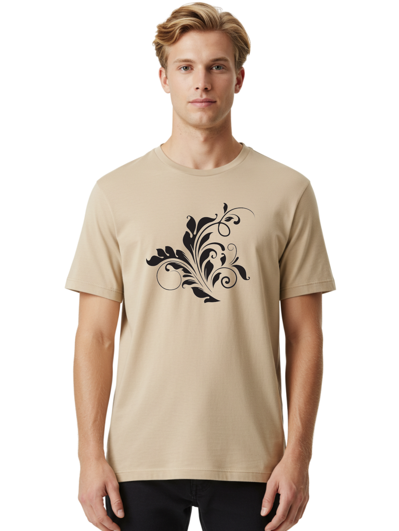 Floral-Design-2 Men'S Graphic Tee, 100% Cotton, Comfortable Casual Summer Wear, Machine Washable, Floral Ornament, Black Silhouettes, Elegant Design, Curved Lines, Abstract Art, Leafy Motif, Decorative Element, Luxury Feel, Intricate Details Aac722