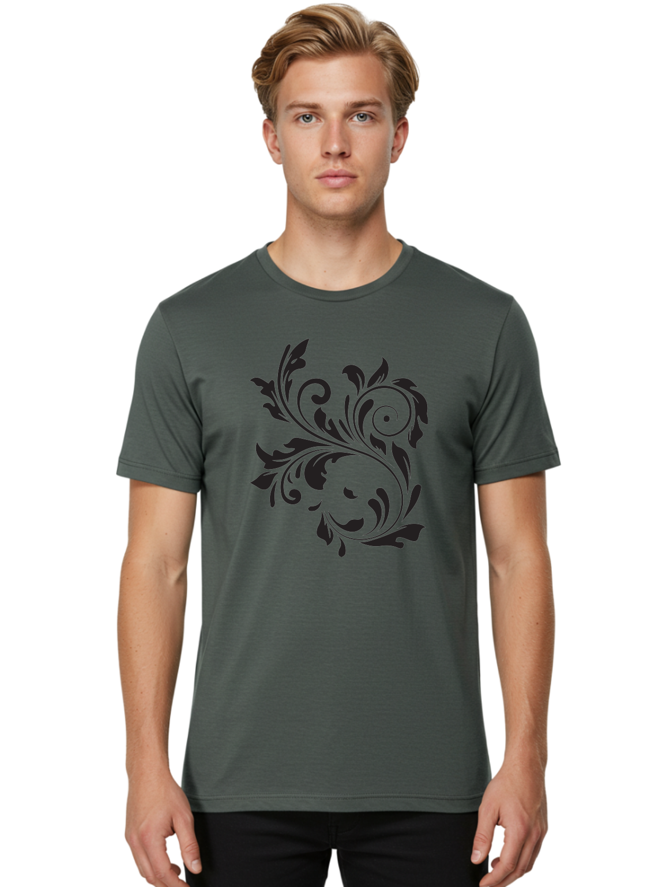 Floral-Design Men'S Graphic Tee, 100% Cotton, Comfortable Casual Summer Wear, Machine Washable, Floral Design, Black Floral, Swirling Leaves, Curved Petals, Artistic Decoration, Elegant Motif, Intricate Pattern, Luxury Decor Aac724