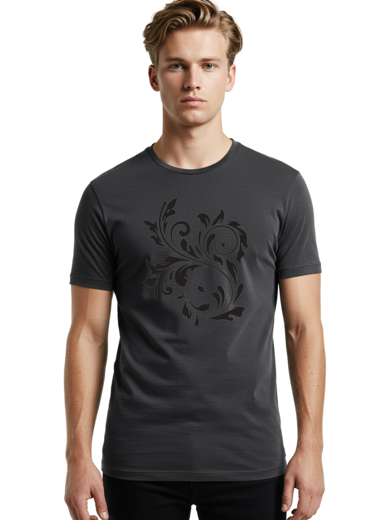 Floral-Design Men'S Graphic Tee, 100% Cotton, Comfortable Casual Summer Wear, Machine Washable, Floral Design, Black Floral, Swirling Leaves, Curved Petals, Artistic Decoration, Elegant Motif, Intricate Pattern, Luxury Decor Aac724