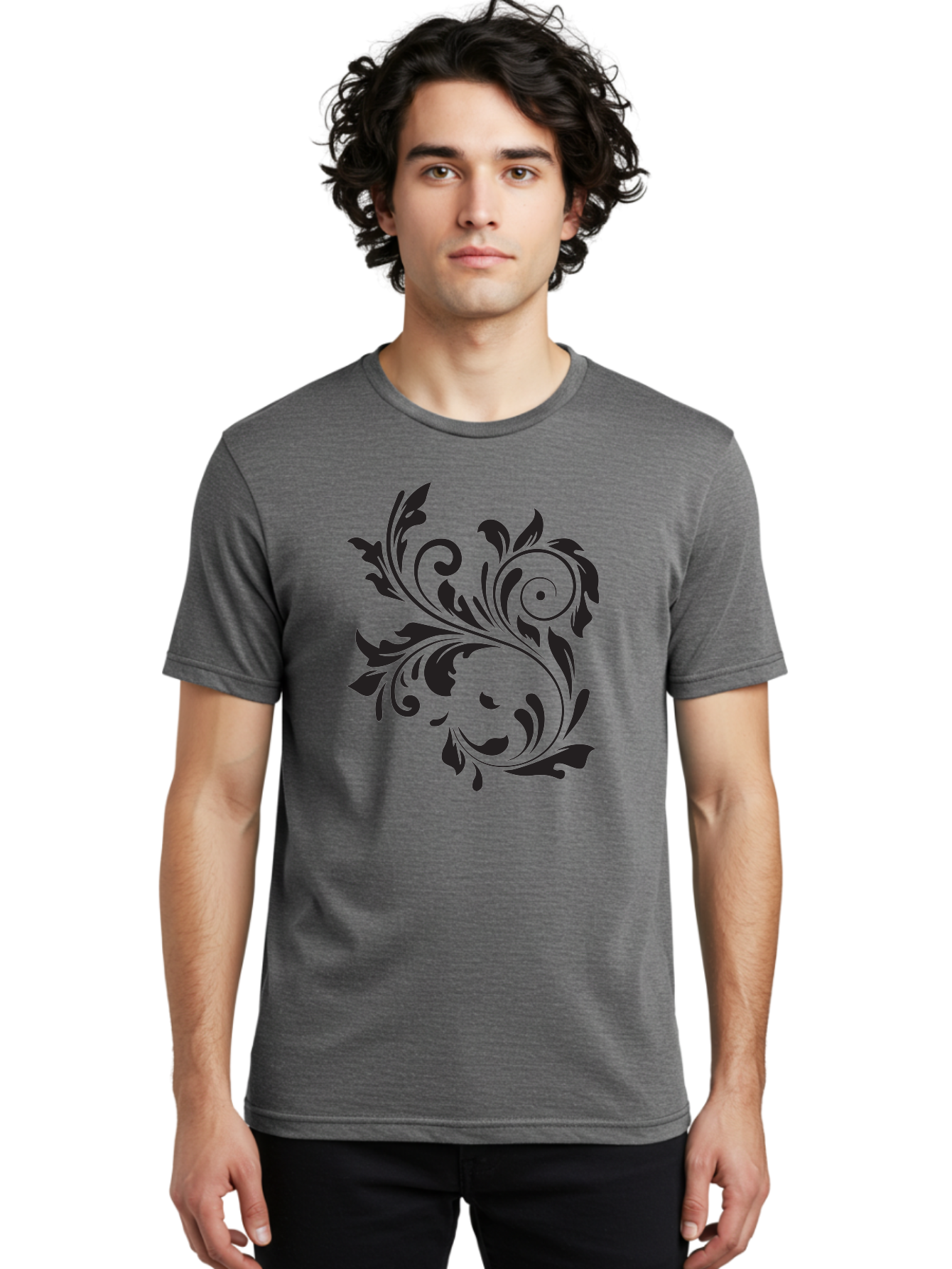 Floral-Design Men'S Graphic Tee, 100% Cotton, Comfortable Casual Summer Wear, Machine Washable, Floral Design, Black Floral, Swirling Leaves, Curved Petals, Artistic Decoration, Elegant Motif, Intricate Pattern, Luxury Decor Aac724
