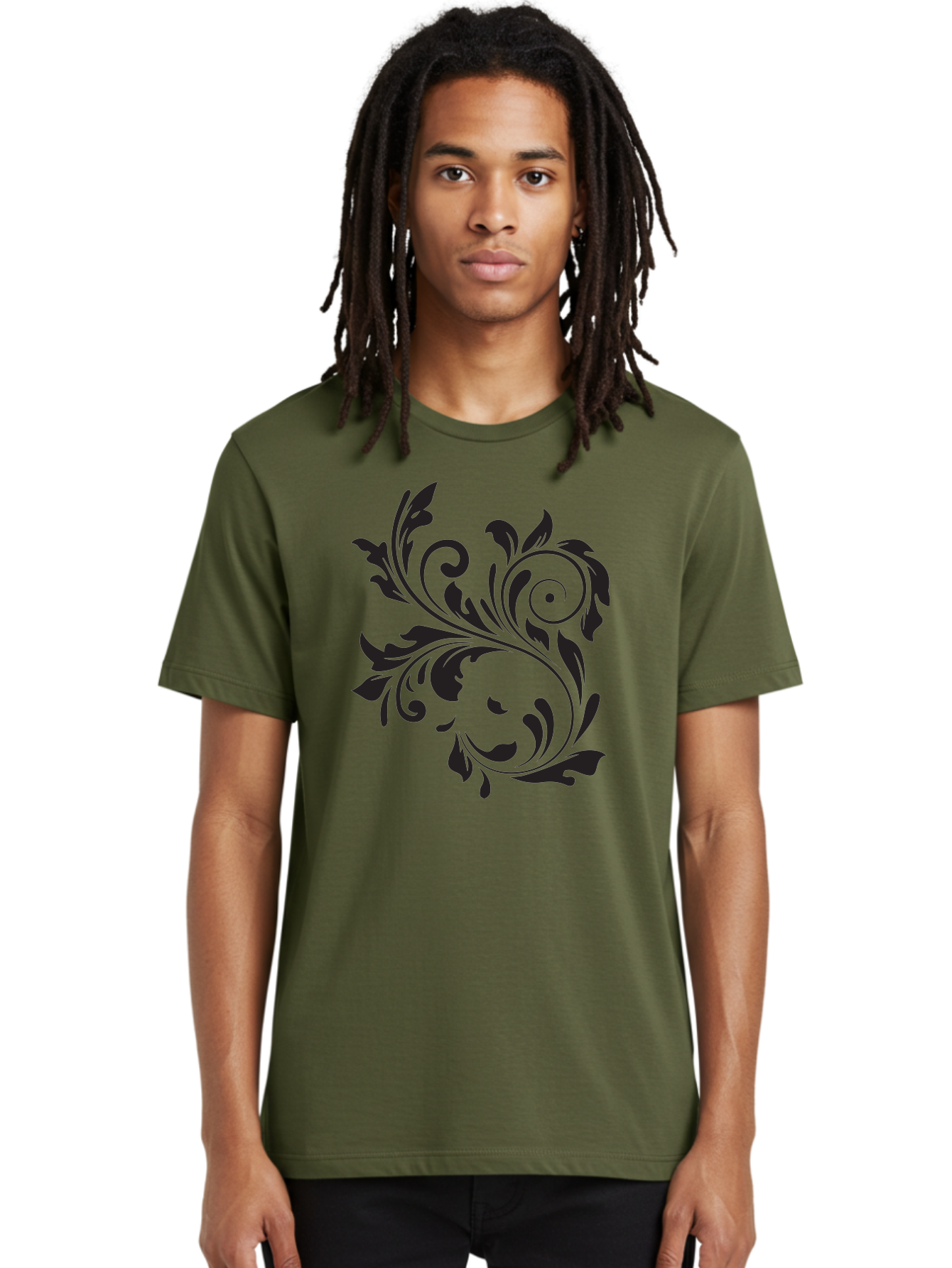 Floral-Design Men'S Graphic Tee, 100% Cotton, Comfortable Casual Summer Wear, Machine Washable, Floral Design, Black Floral, Swirling Leaves, Curved Petals, Artistic Decoration, Elegant Motif, Intricate Pattern, Luxury Decor Aac724