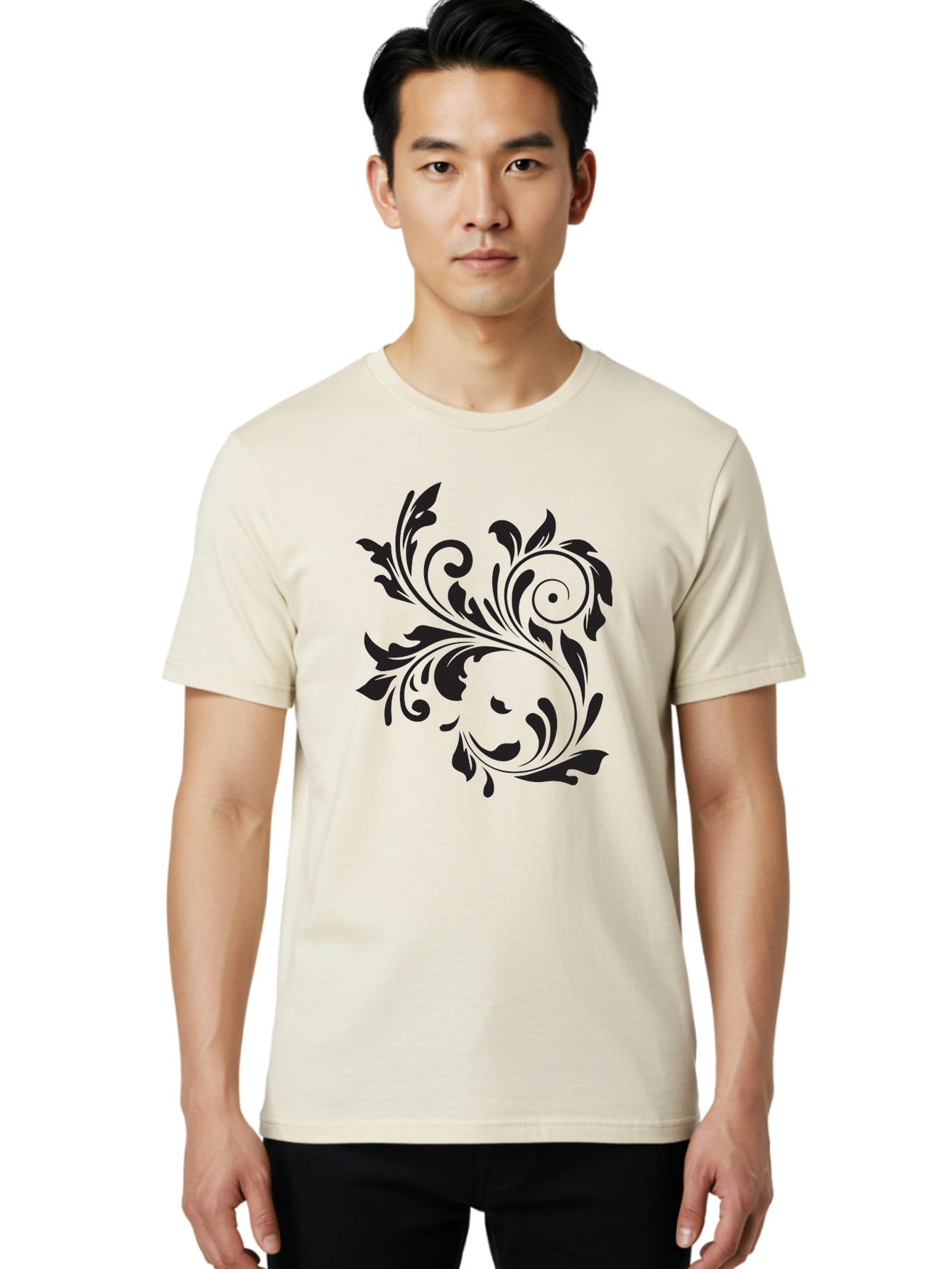 Floral-Design Men'S Graphic Tee, 100% Cotton, Comfortable Casual Summer Wear, Machine Washable, Floral Design, Black Floral, Swirling Leaves, Curved Petals, Artistic Decoration, Elegant Motif, Intricate Pattern, Luxury Decor Aac724