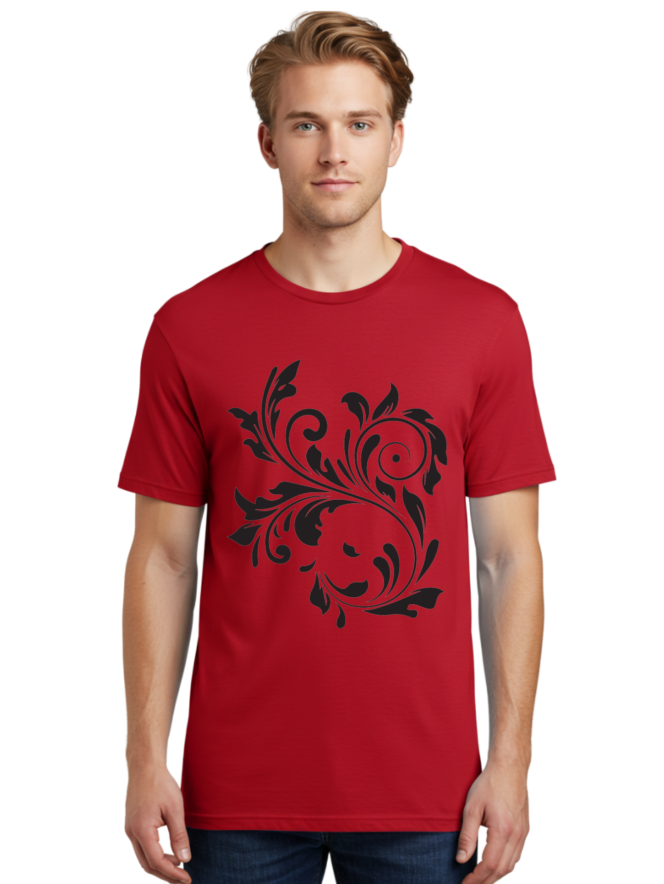 Floral-Design Men'S Graphic Tee, 100% Cotton, Comfortable Casual Summer Wear, Machine Washable, Floral Design, Black Floral, Swirling Leaves, Curved Petals, Artistic Decoration, Elegant Motif, Intricate Pattern, Luxury Decor Aac724
