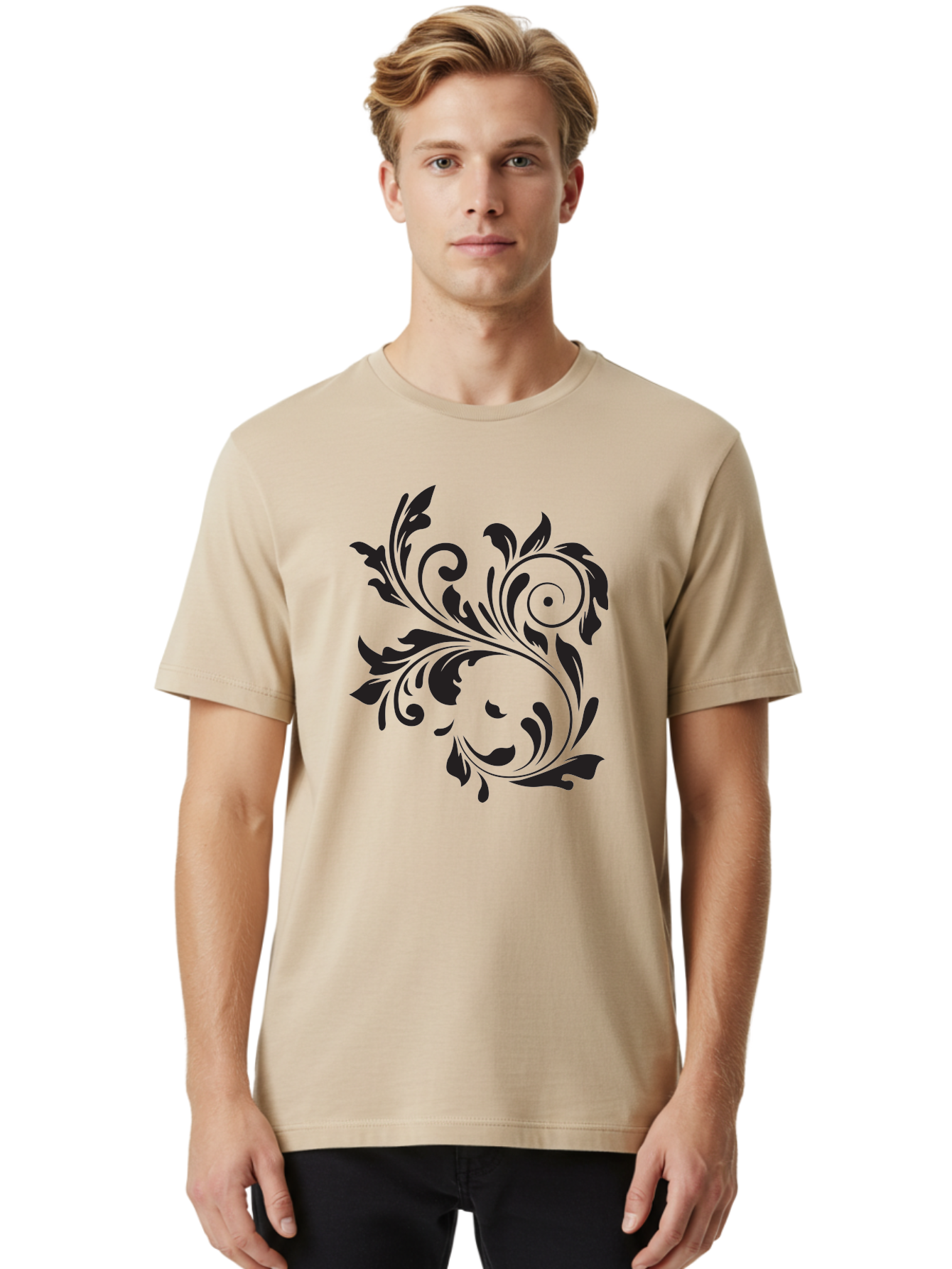 Floral-Design Men'S Graphic Tee, 100% Cotton, Comfortable Casual Summer Wear, Machine Washable, Floral Design, Black Floral, Swirling Leaves, Curved Petals, Artistic Decoration, Elegant Motif, Intricate Pattern, Luxury Decor Aac724