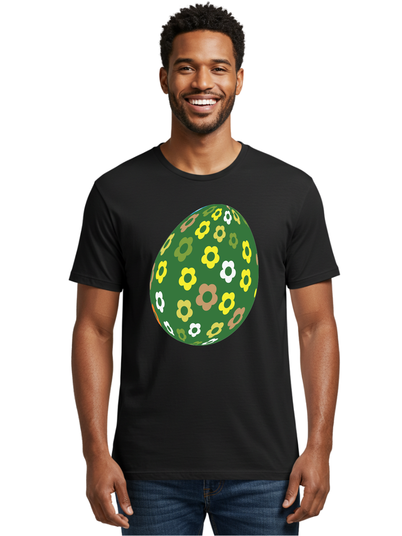 Floral-Easter-Egg-2 Men'S Graphic Tee, 100% Cotton, Comfortable Casual Summer Wear, Machine Washable, Easter Egg, Floral Pattern, Yellow Flowers, White Flowers, Green Egg, Easter Decoration, Spring Theme, Festive Design, Colorful Graphic, Aac726