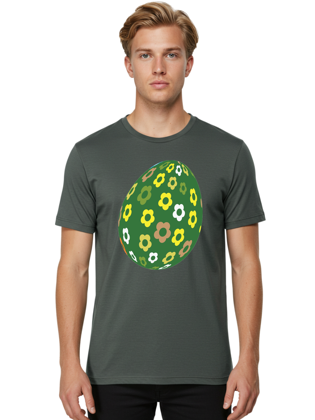 Floral-Easter-Egg-2 Men'S Graphic Tee, 100% Cotton, Comfortable Casual Summer Wear, Machine Washable, Easter Egg, Floral Pattern, Yellow Flowers, White Flowers, Green Egg, Easter Decoration, Spring Theme, Festive Design, Colorful Graphic, Aac726