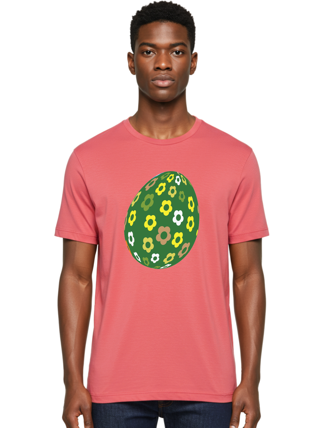 Floral-Easter-Egg-2 Men'S Graphic Tee, 100% Cotton, Comfortable Casual Summer Wear, Machine Washable, Easter Egg, Floral Pattern, Yellow Flowers, White Flowers, Green Egg, Easter Decoration, Spring Theme, Festive Design, Colorful Graphic, Aac726