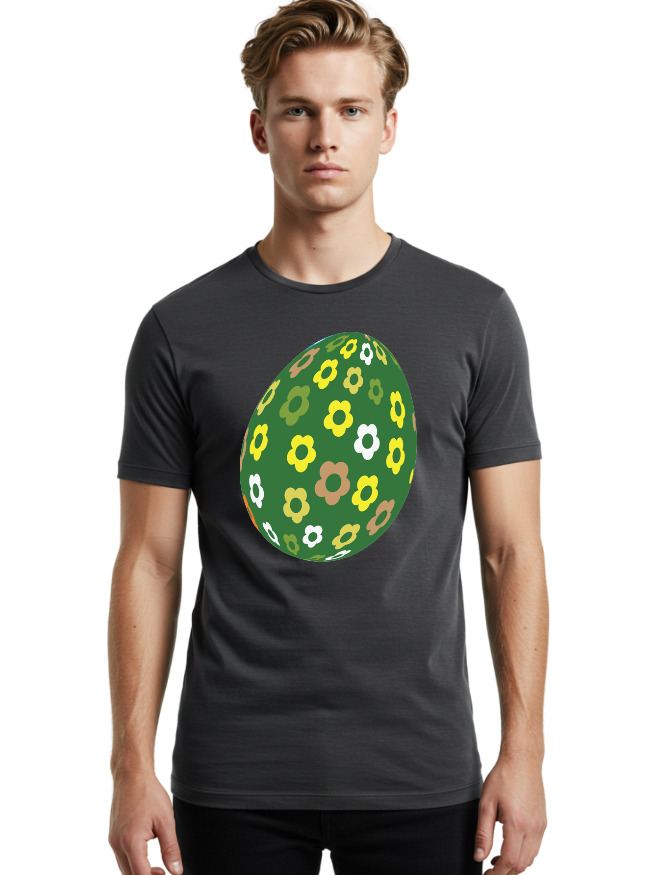 Floral-Easter-Egg-2 Men'S Graphic Tee, 100% Cotton, Comfortable Casual Summer Wear, Machine Washable, Easter Egg, Floral Pattern, Yellow Flowers, White Flowers, Green Egg, Easter Decoration, Spring Theme, Festive Design, Colorful Graphic, Aac726