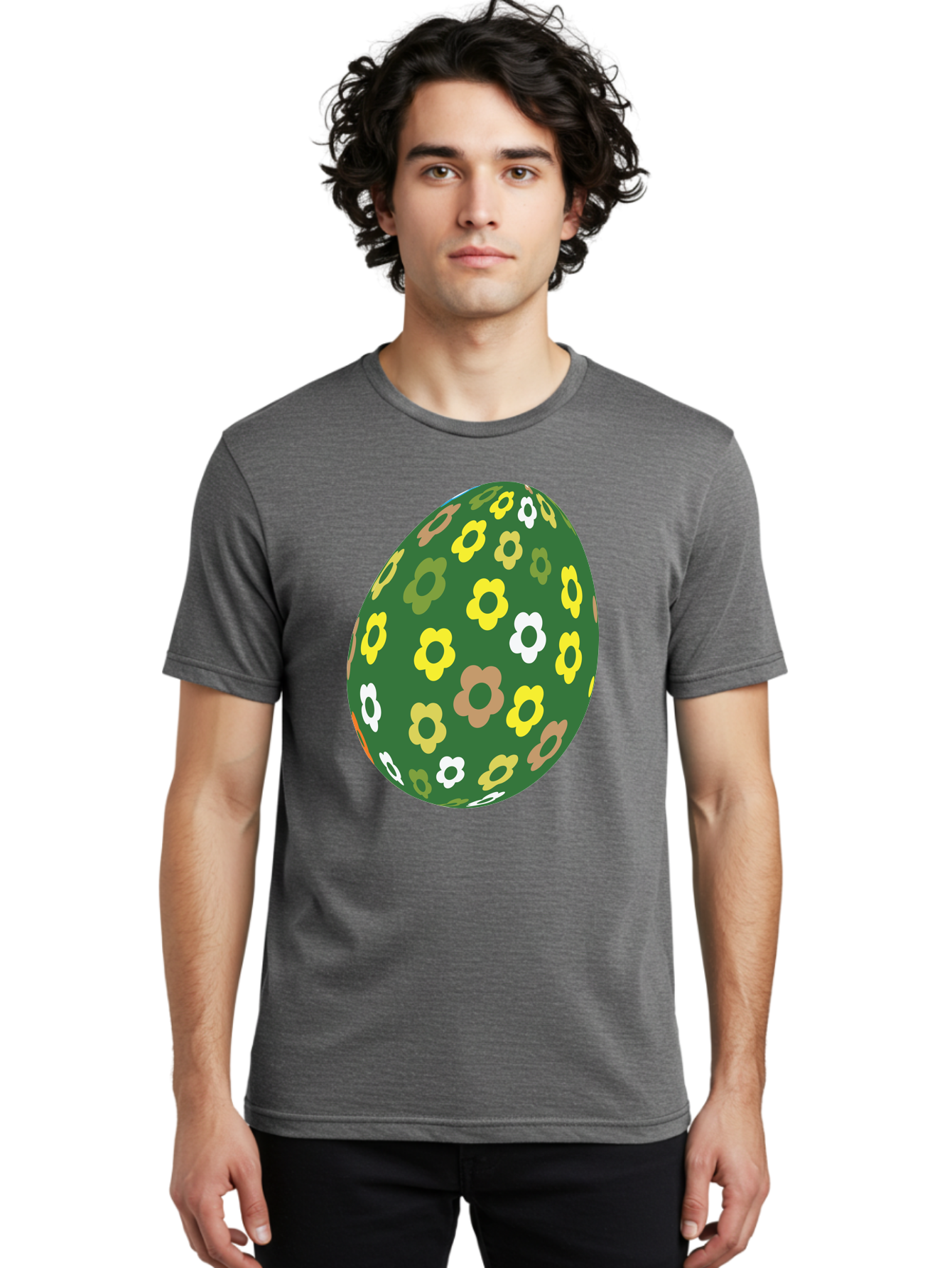 Floral-Easter-Egg-2 Men'S Graphic Tee, 100% Cotton, Comfortable Casual Summer Wear, Machine Washable, Easter Egg, Floral Pattern, Yellow Flowers, White Flowers, Green Egg, Easter Decoration, Spring Theme, Festive Design, Colorful Graphic, Aac726
