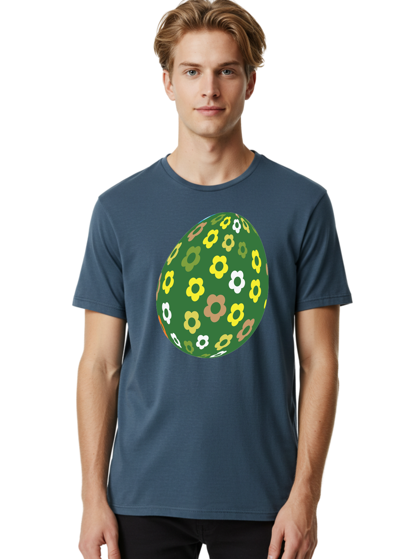 Floral-Easter-Egg-2 Men'S Graphic Tee, 100% Cotton, Comfortable Casual Summer Wear, Machine Washable, Easter Egg, Floral Pattern, Yellow Flowers, White Flowers, Green Egg, Easter Decoration, Spring Theme, Festive Design, Colorful Graphic, Aac726