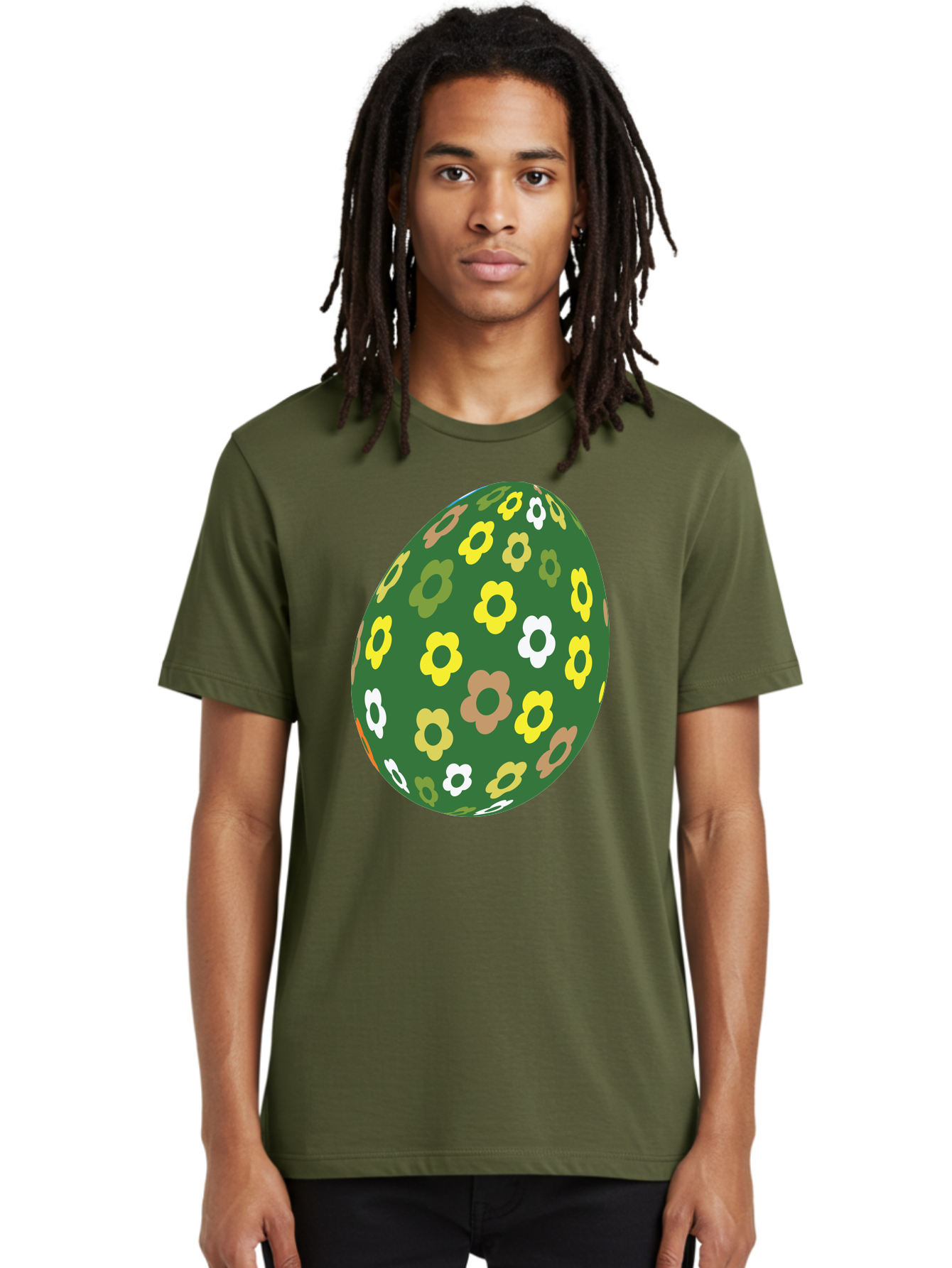 Floral-Easter-Egg-2 Men'S Graphic Tee, 100% Cotton, Comfortable Casual Summer Wear, Machine Washable, Easter Egg, Floral Pattern, Yellow Flowers, White Flowers, Green Egg, Easter Decoration, Spring Theme, Festive Design, Colorful Graphic, Aac726