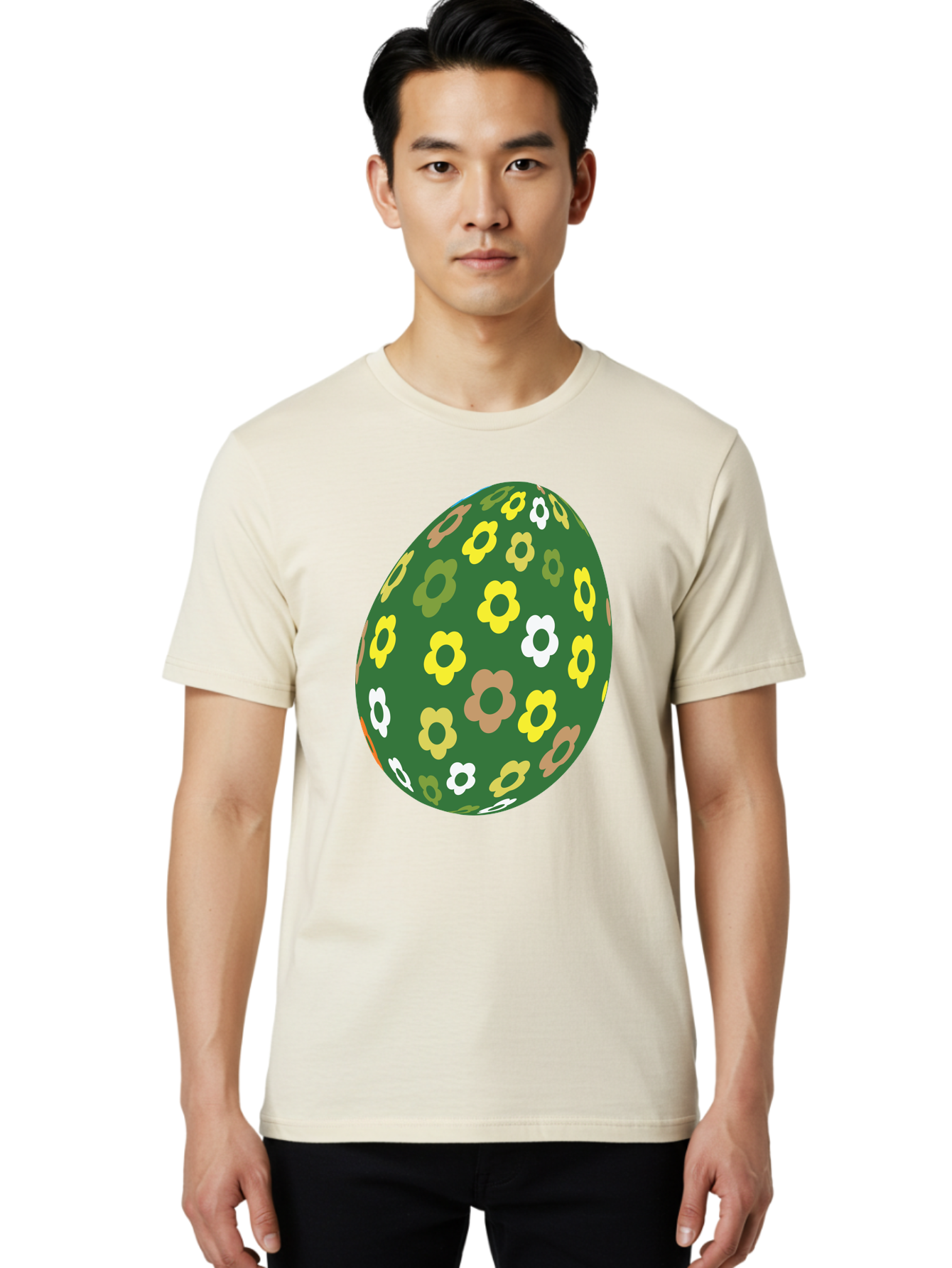 Floral-Easter-Egg-2 Men'S Graphic Tee, 100% Cotton, Comfortable Casual Summer Wear, Machine Washable, Easter Egg, Floral Pattern, Yellow Flowers, White Flowers, Green Egg, Easter Decoration, Spring Theme, Festive Design, Colorful Graphic, Aac726