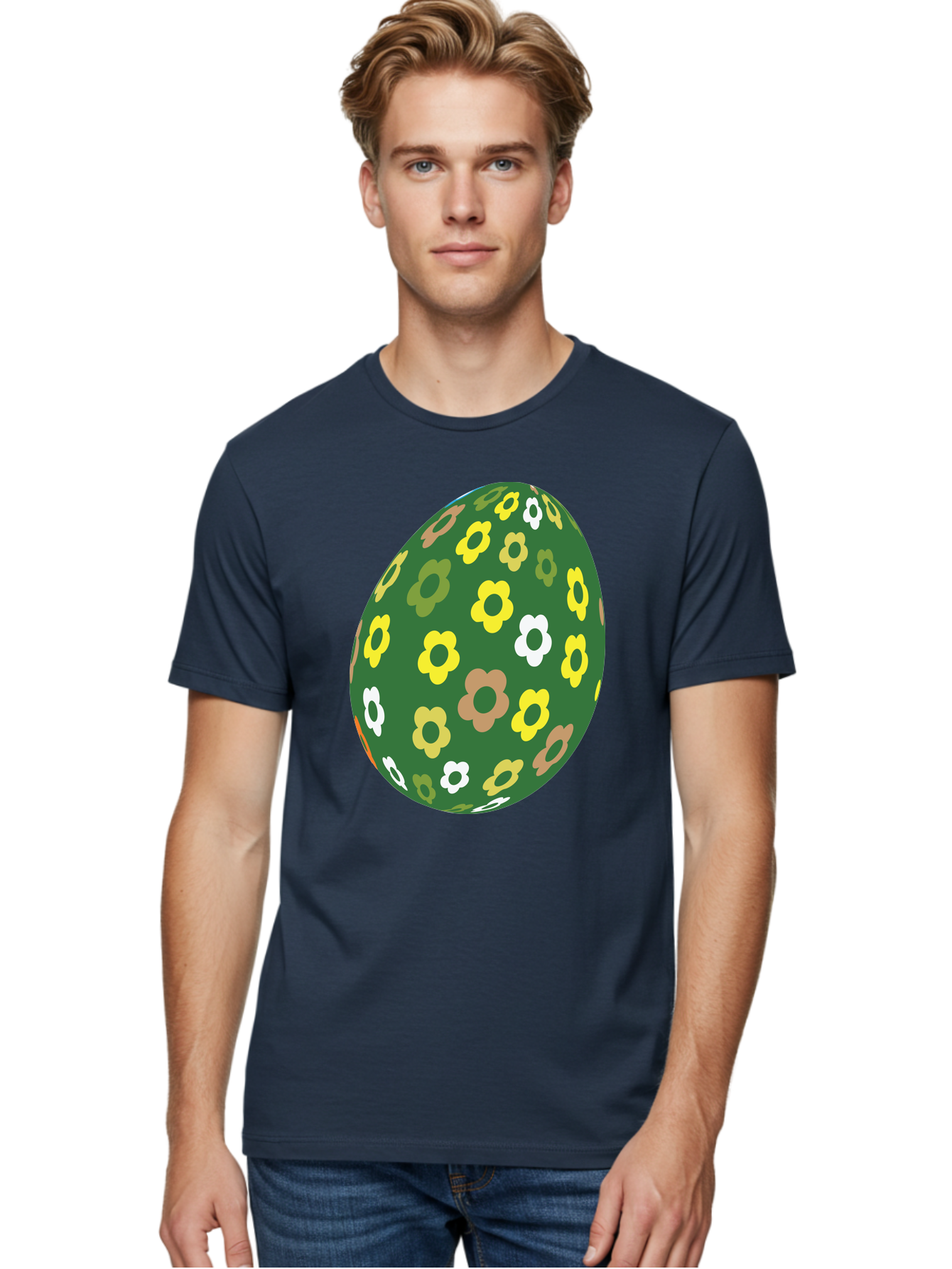 Floral-Easter-Egg-2 Men'S Graphic Tee, 100% Cotton, Comfortable Casual Summer Wear, Machine Washable, Easter Egg, Floral Pattern, Yellow Flowers, White Flowers, Green Egg, Easter Decoration, Spring Theme, Festive Design, Colorful Graphic, Aac726